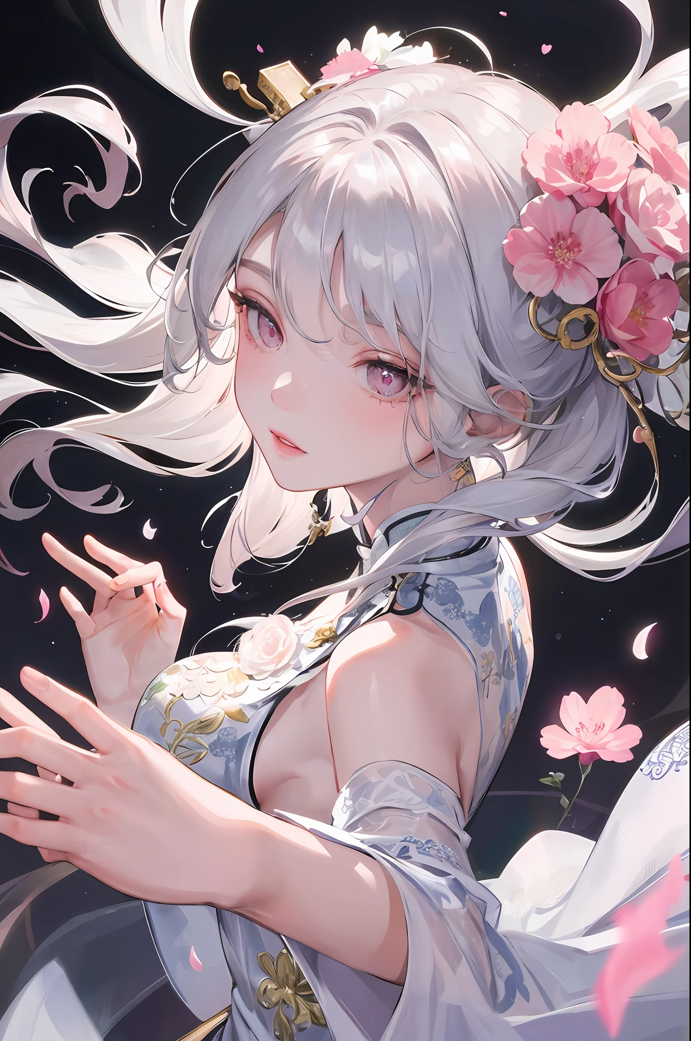 8K masterpiece superb night full moon 1 female Chinese style Chinese architecture mature woman sister silver white long hair woman long hair light pink lips calm rational bangs gray pupil broken flower background, petals dancing, delicate face, delicate hands, close-up