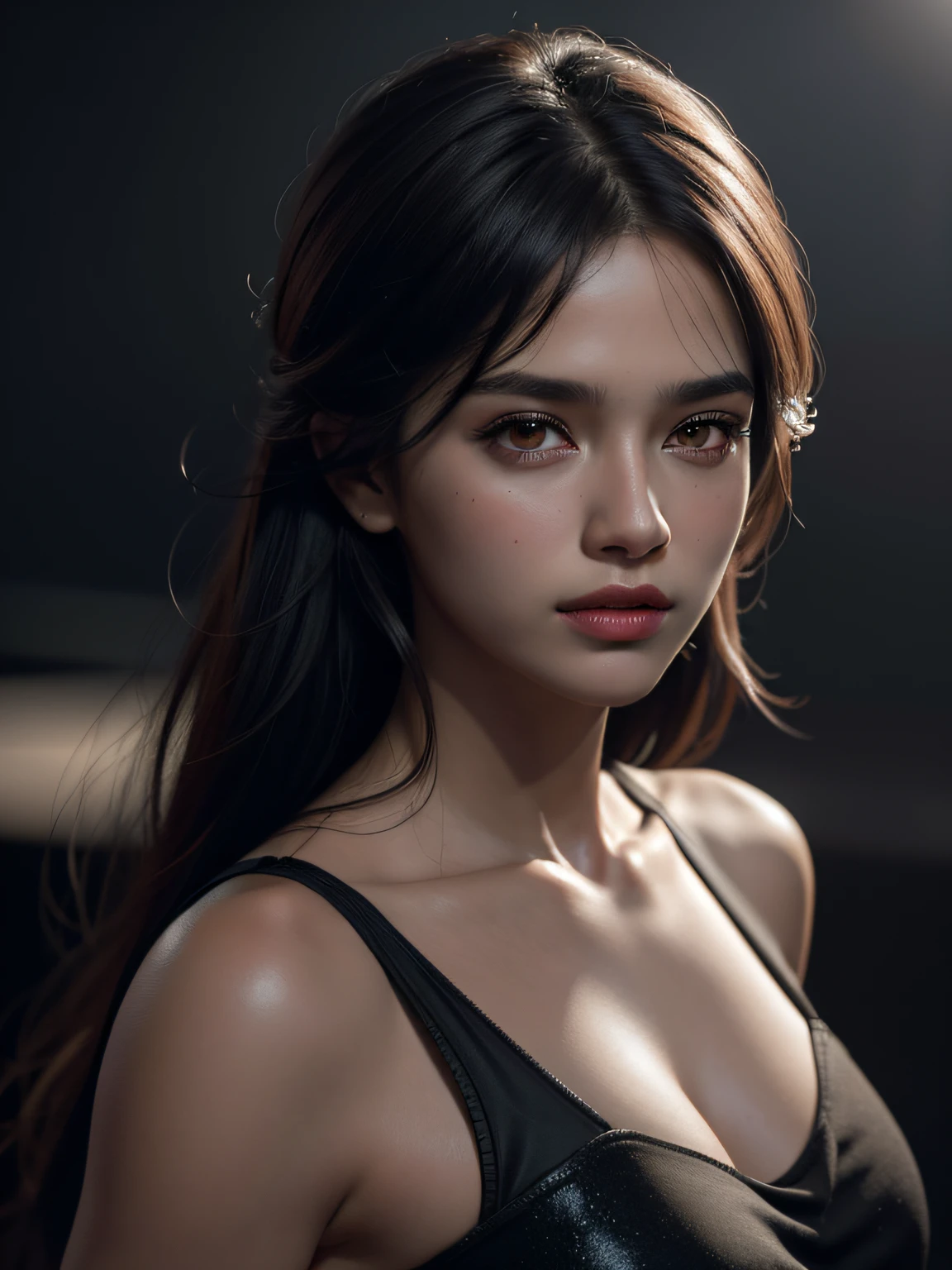 8k, RAW Photo, Best quality, masterpiece,(photorealistic:1.4) , (lip gloss, eyelashes, smiling, bright face, glowing skin, best quality, ultra high resolution, depth of field, chromatic aberration, caustic, wide lighting, natural shading) ultra high res, front view, big breast size, raw photo, 1girl, Indian girl, indian girl face, black saree dress, perfect face, in the dark, deep shadow, Cold light, caustics, looking at the viewer with a serene bliss, volumetric light, foggy background, rim light, edge light, backlit hair, Low Key, bloom, track equipment, outside the field, ((thin, thin)), photorealistic, photograph, masterpiece, realistic, realism, photorealism, high contrast, photorealistic digital art trending Artstation 8k HD high definition detailed realistic, detailed, skin texture, hyper detailed, realistic skin texture, armature, best quality, ultra high res, (photorealistic) (1.4), high resolution, detailed, raw photo, sharp re, lee jeffries nikon d850 film stock photo 4 kodak port 400 camera f1.6 lens rich colors hyper realistic lifelike texture dramatic lighting unrealengine trends on artstation cinestill 800