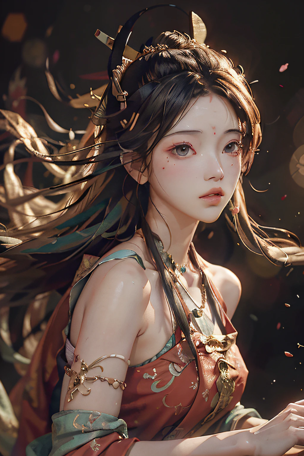 (RAW Photo, Best Quality), (Realistic, Photorealistic Photorealistic: 1.3), Best Quality, Highly Detailed, Masterpiece, Ultra Detailed, Illustration, 1 Girl, upper_body, Dynamic Angle, World Mastery Theater, messy_long_hair, Floating Hair, Best Quality, Extremely Detailed CG Unified 8k Wallpaper, Ink, Amazing, Movie Lights, lens_flare, (dunhuang_style), Petals, Splash