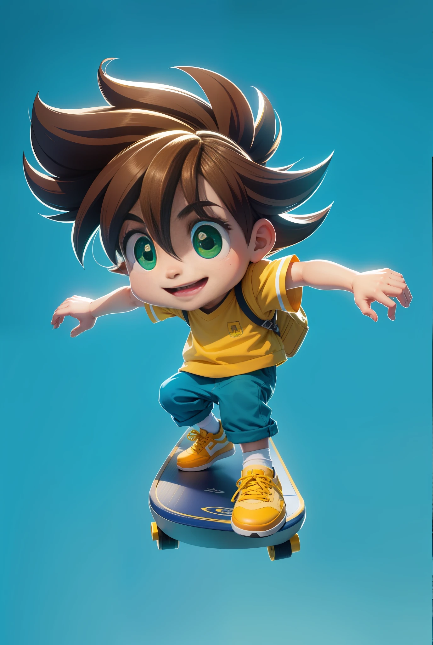 A cool boy, skateboarding, laughing, brown hair flying, yellow vest, blue short sleeves, green pants, yellow socks, yellow school bag, red and white sneakers, hands open, brown hair, yellow skateboard under feet, 3d, cute, soft light, green ground, white background, HD, Disney style,