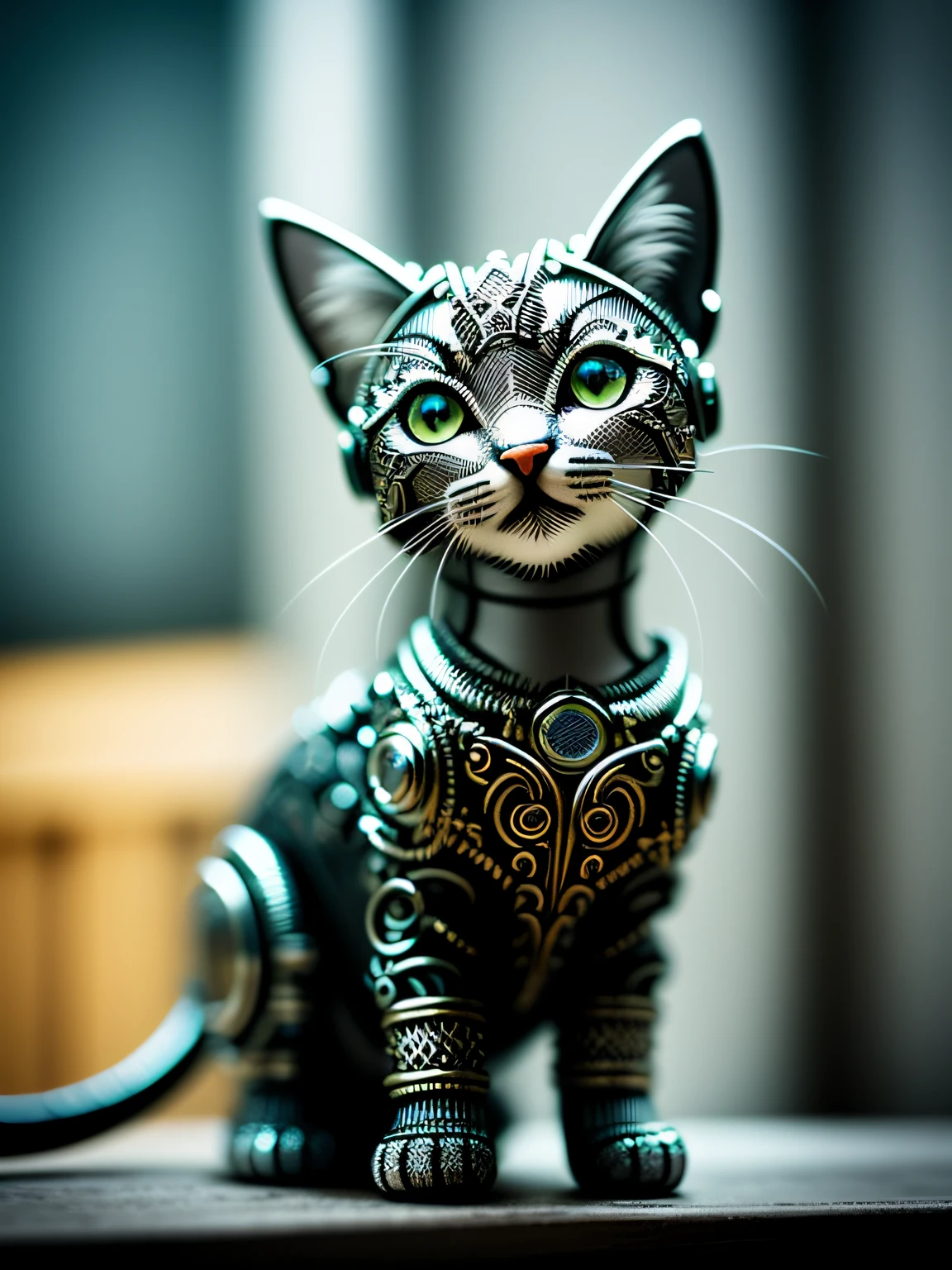 a cute kitten made out of metal, (cyborg:1.1), ([tail | detailed wire]:1.3), (intricate details), hdr, (intricate details, hyperdetailed:1.2), cinematic shot, vignette, centered