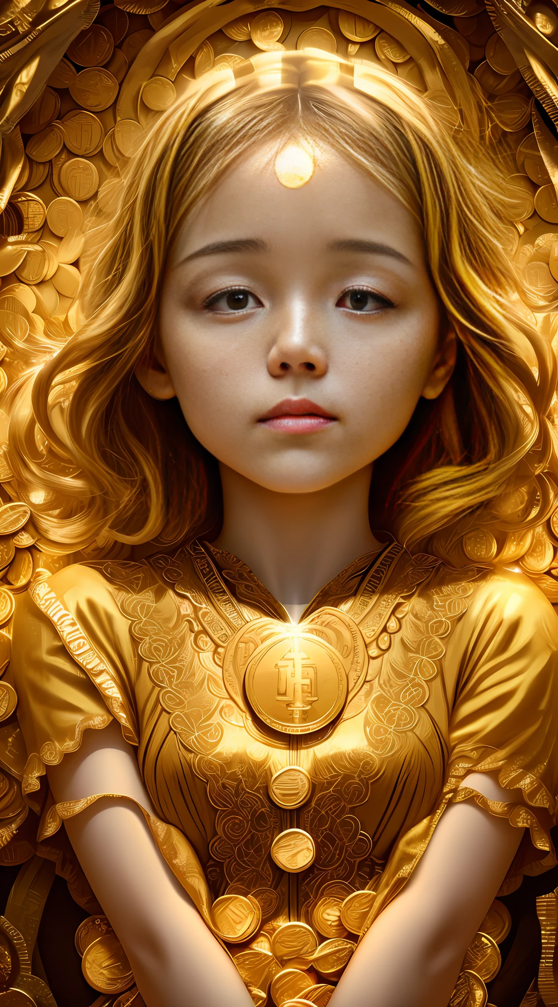 Art Photo, a photograph of a crying young woman plastered with dollar gold coins, overhead shot, dazzling sunlight, intricate, flashy, translucent, medium scene, grotesque art style, extremely creative, simple and mysterious, high quality, 8k