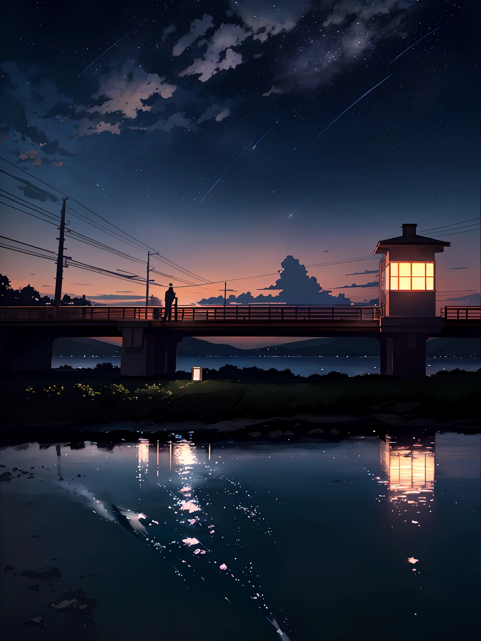 Masterpiece, anime train passing through bodies of water on tracks, bright starry sky. Romantic train, Makoto Shinkai's picture, pixiv, concept art, lofi art style, reflection. by Makoto Shinkai, lofi art, Beautiful anime scene, Anime landscape, detailed scenery —width 672, in style of Makoto shinkai, style of Makoto shinkai, enhanced details.