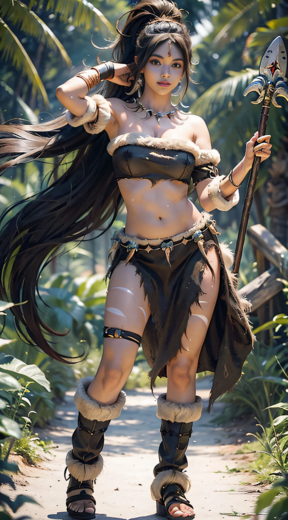 Masterpiece, best quality, intricate details, dynamic pose, full body shot, night, creeping, nidali, league of legends, heavy costume, absurd, gaurez, cowboy shooting, 1 girl, body markers, brunette hair, spear, face markings, nails, chunky long fur trim, gemstones, vibrant eyes, jewelry, long hair, necklace, short skirt ponytail, solo, giant tooth necklace, flowing hair, headband nidali, --s2