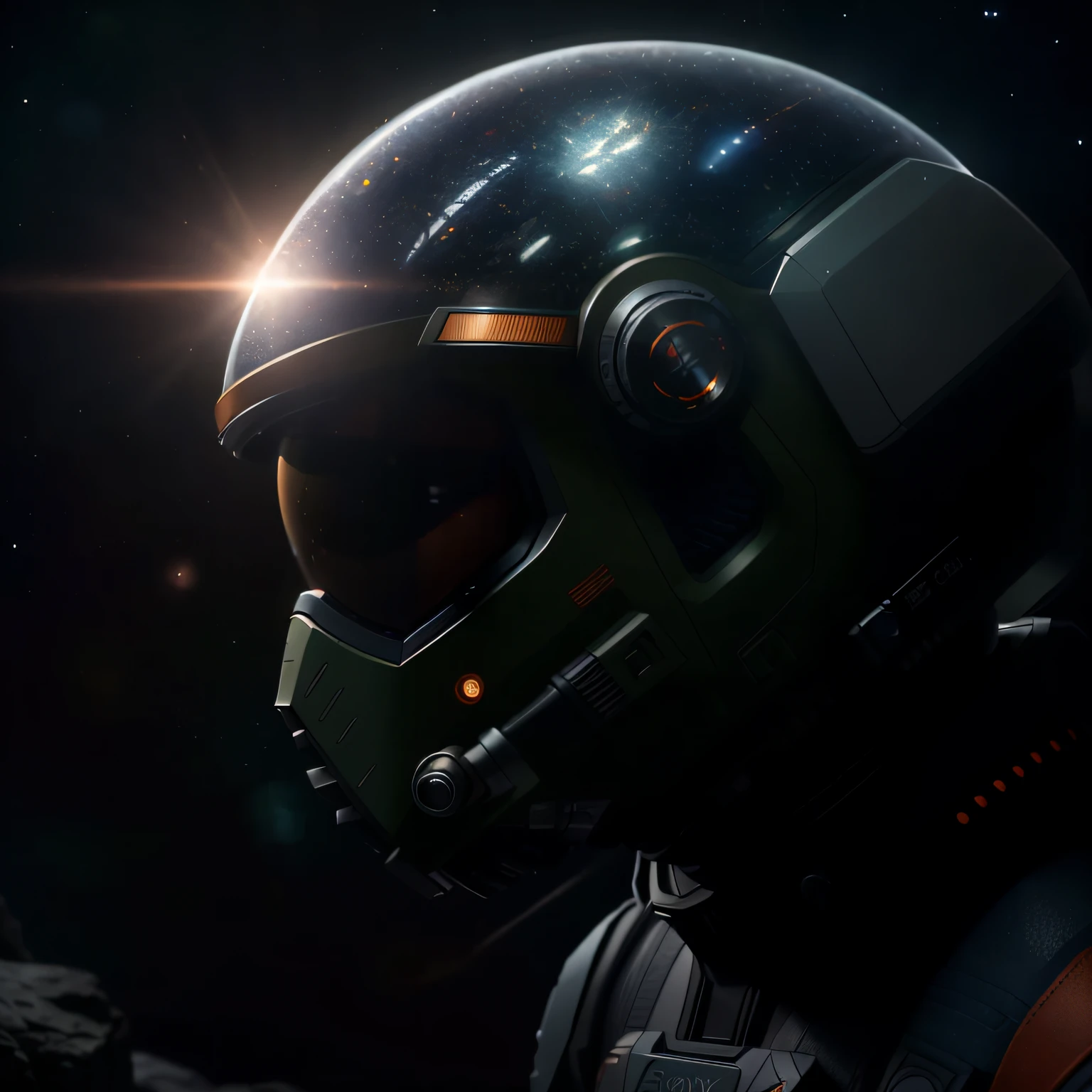 Highly detailed RAW color Photo, Rear Angle, Full Body, of (female space soldier, wearing orange and black space suit, helmet, tined face shield, rebreather, accentuated booty), outdoors, (looking up at advanced alien structure, on alien planet), toned body, big butt, (sci-fi), (mountains:1.1), (lush green vegetation), (two moons in sky:0.8), (highly detailed, hyperdetailed, intricate), (lens flare:0.7), (bloom:0.7), particle effects, raytracing, cinematic lighting, shallow depth of field, photographed on a Sony a9 II, 50mm wide angle lens, sharp focus, cinematic film still from Gravity 2013