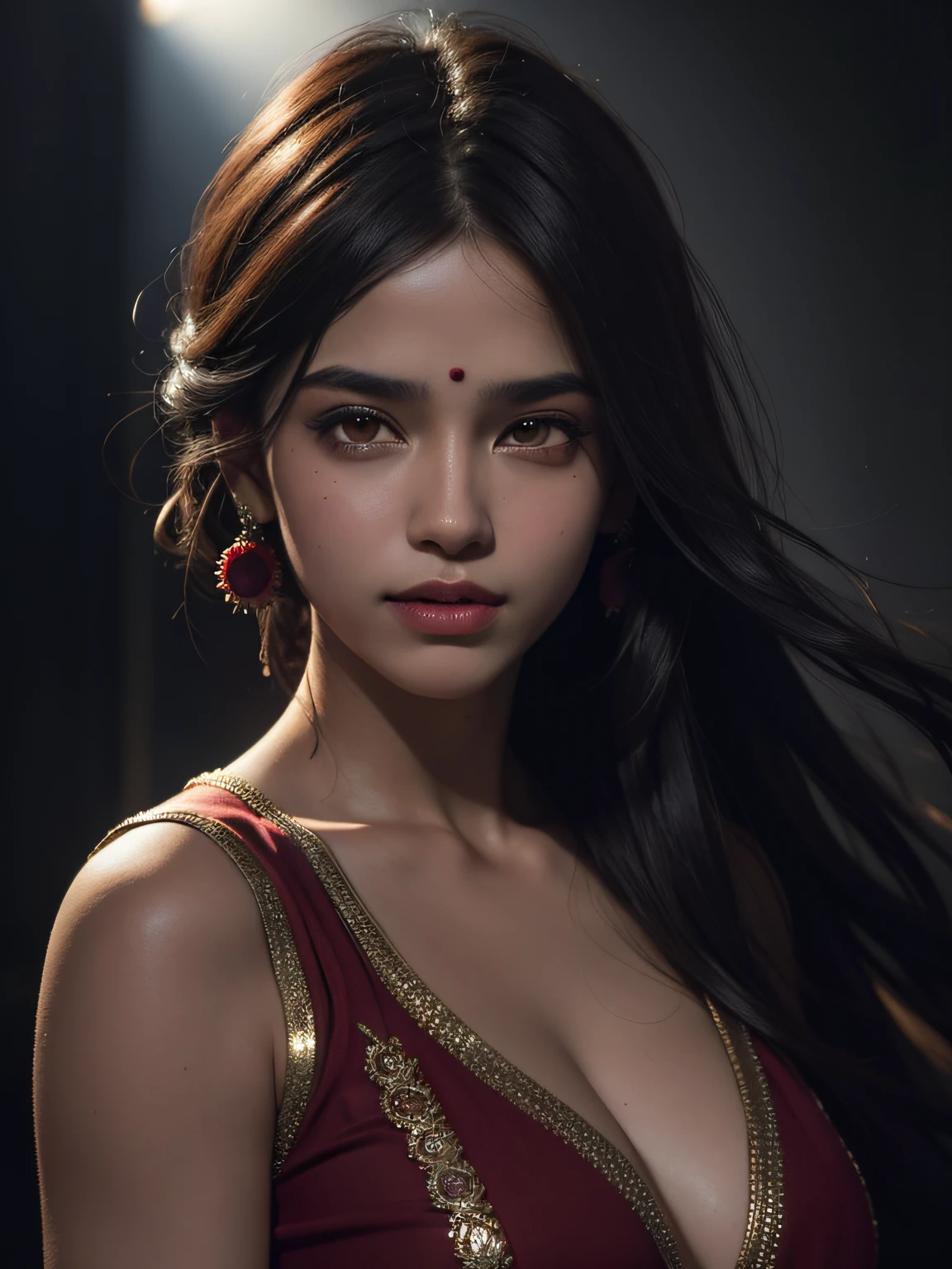 8k, RAW Photo, Best quality, masterpiece,(photorealistic:1.4) , (lip gloss, eyelashes, smiling, bright face, glowing skin, best quality, ultra high resolution, depth of field, chromatic aberration, caustic, wide lighting, natural shading) ultra high res, front view, big breast size, raw photo, 1girl, Indian girl, indian girl face, red saree dress, indian makeup in the dark, deep shadow, Cold light, caustics, looking at the viewer with a serene bliss, volumetric light, foggy background, rim light, edge light, backlit hair, Low Key, bloom, track equipment, outside the field, ((thin, thin)), photorealistic, photograph, masterpiece, realistic, realism, photorealism, high contrast, photorealistic digital art trending Artstation 8k HD high definition detailed realistic, detailed, skin texture, hyper detailed, realistic skin texture, armature, best quality, ultra high res, (photorealistic) (1.4), high resolution, detailed, raw photo, sharp re, lee jeffries nikon d850 film stock photo 4 kodak port 400 camera f1.6 lens rich colors hyper realistic lifelike texture dramatic lighting unrealengine trends on artstation cinestill 800