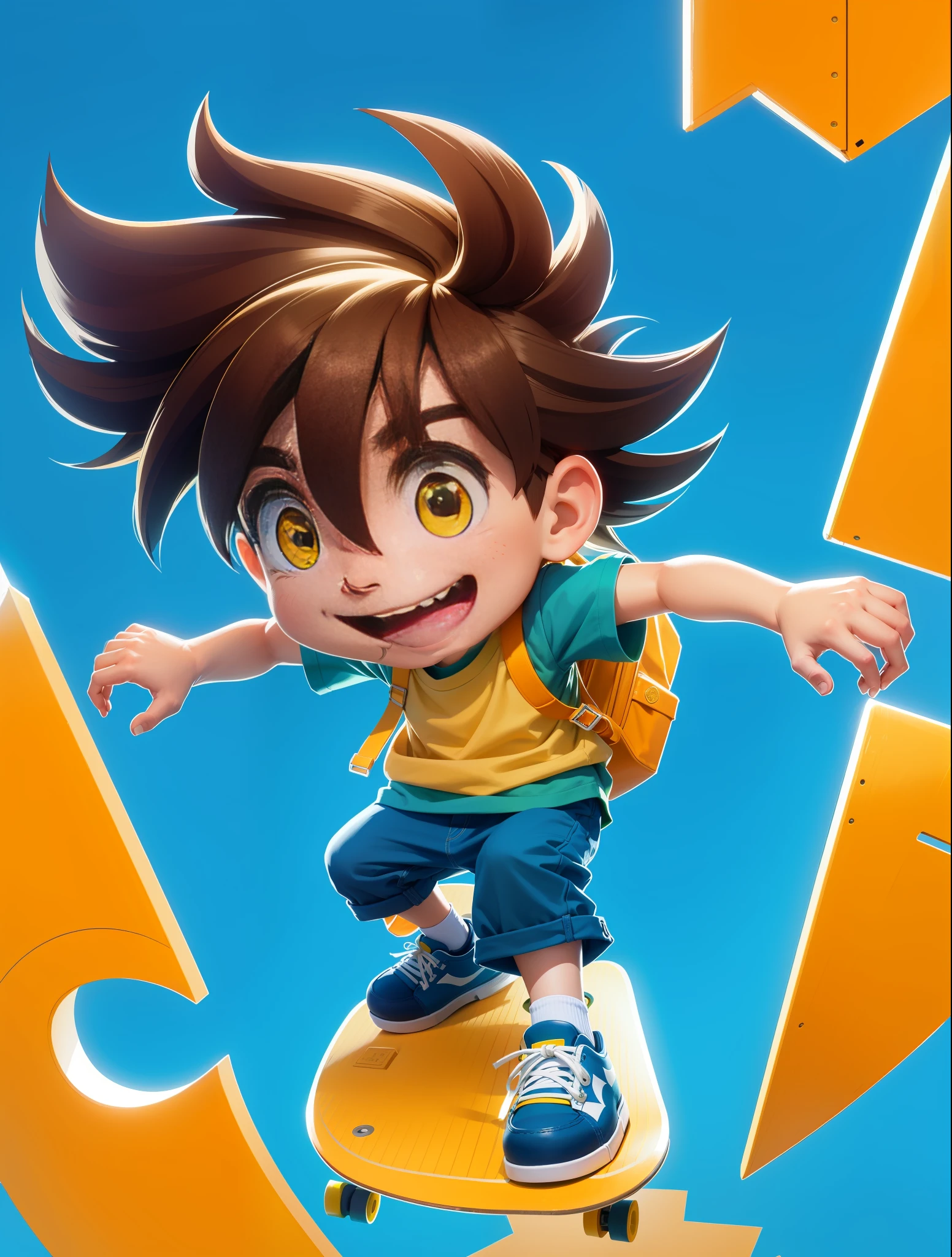 A cool boy, skateboarding, laughing, brown hair flying, yellow vest, blue short sleeves, green pants, yellow socks, yellow school bag, red and white sneakers, hands open, brown hair, yellow skateboard under feet, 3d, cute, soft light, green ground, white background, HD, Disney style,