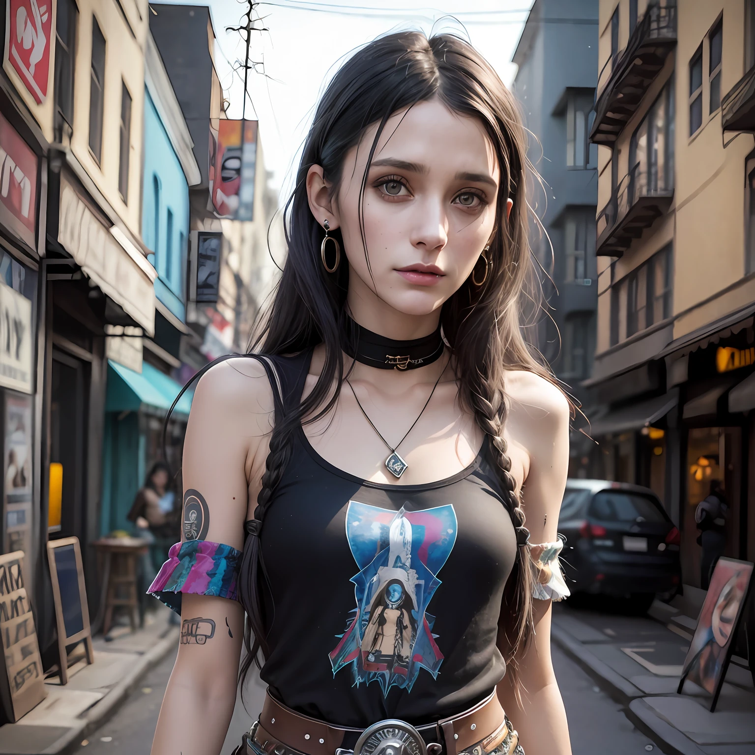 retro emo hippie clothes ,normal teen women , star wars style, alone female , hair behind earrings skinny Clothes from red indian native Tibetan monk thin cotton lost amazon tribe Rooney Mara blake lively body zooey deschanel hair an face girl next door. looking at camera sexy face , features thin cotton shirt blouse watercolor paint wash illuminati symbolism , marvel comic character, marvel comic art, black border, , look of skinny European woman girl homeless gaunt, drug addict, zombie crazy killer vampire gaze, women lips mouth, meth drug abuses viens, octane render and 4k resolution, digital art, no leather --auto --s2