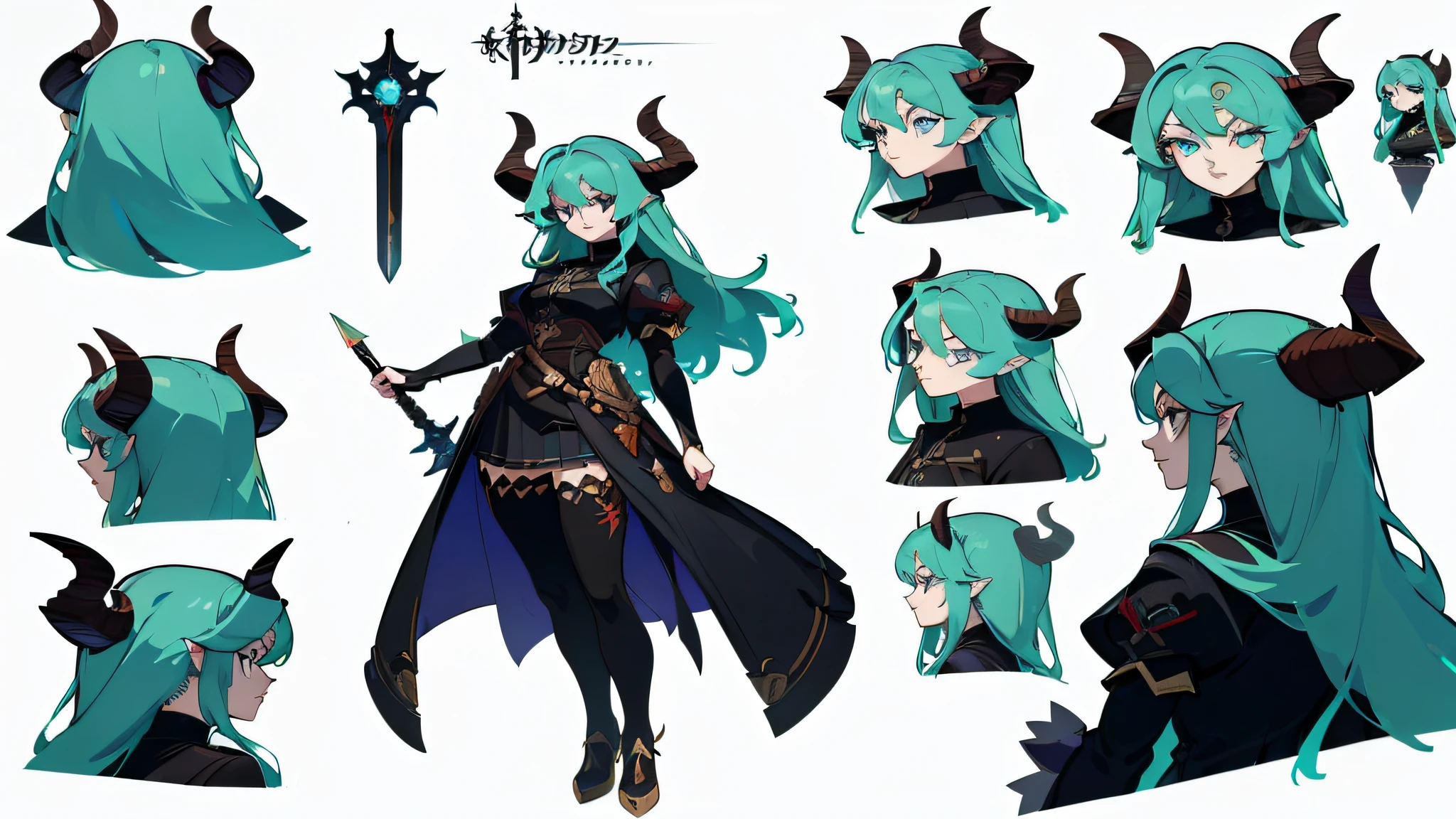 ((masterpiece)),(((best quality))),((character design sheet,same character,front,side,back)),illustration,1 girl,long red hair,hair on eyes,beautiful eyes,environment Scene change, pose too, female future, holds a dagger,(simple background, white background: 1.3)