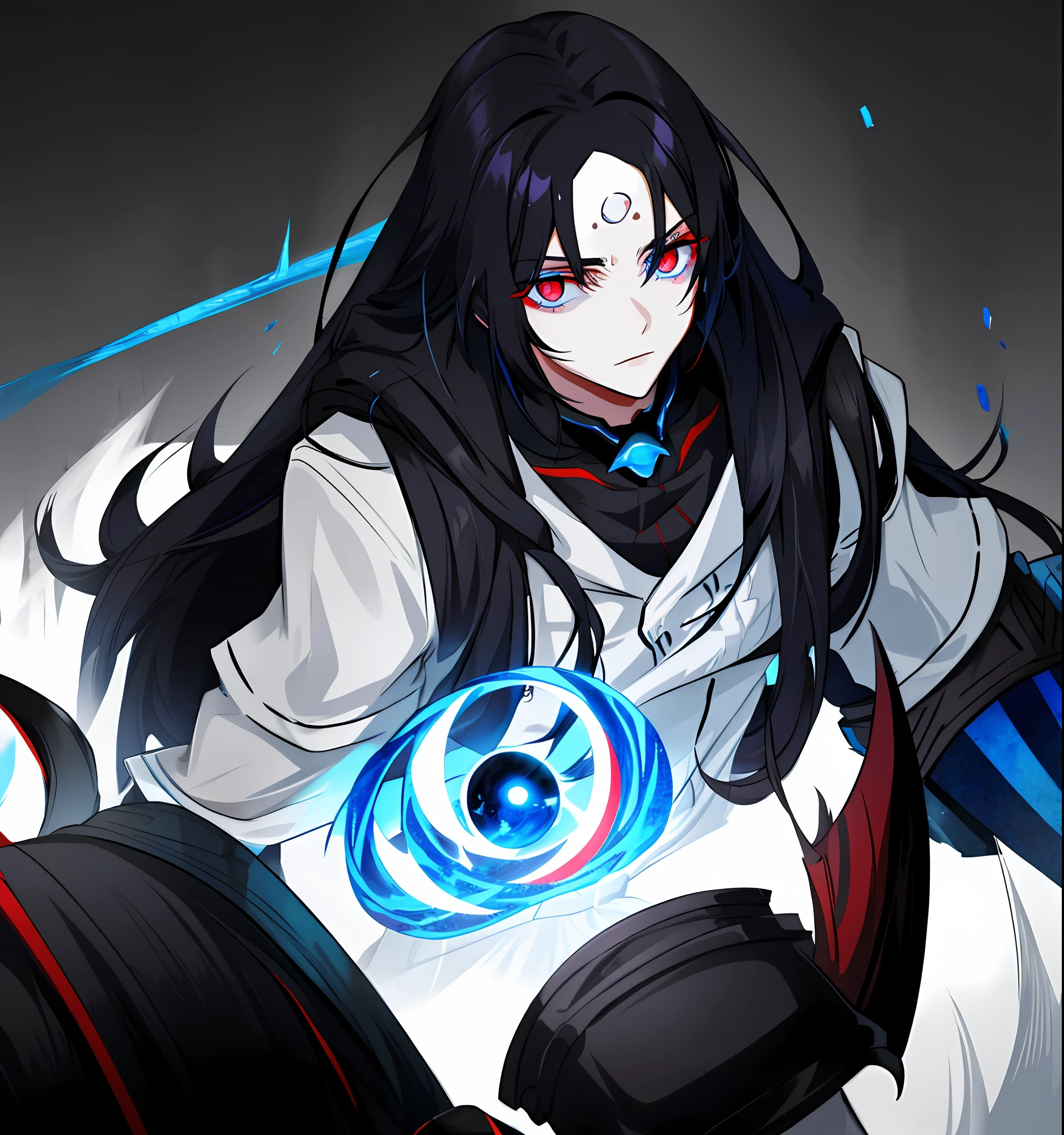 Female, black hair flowing, blue eyes with odd red eyes, dark aura