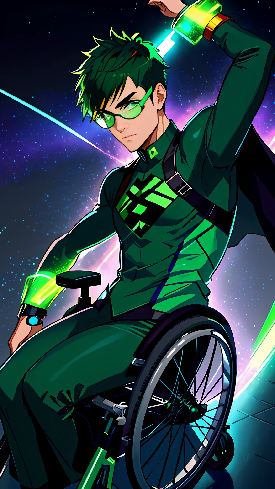 Superhero in a handicapped wheelchair flying around town with his cape fluttering behind him. He has a determined expression on his face as he flies towards danger, ready to save the day. His wheelchair is adorned with high-tech gadgets and tools, making it a weapon as big as his superpowers. (HD) (4K) (RTX) (Nerd Clothes) (Zoom face) (Suit with different shades of green and also purple) (circular glasses) (Slender physical build) (Straight hair) (Short hair) (dark green hair).