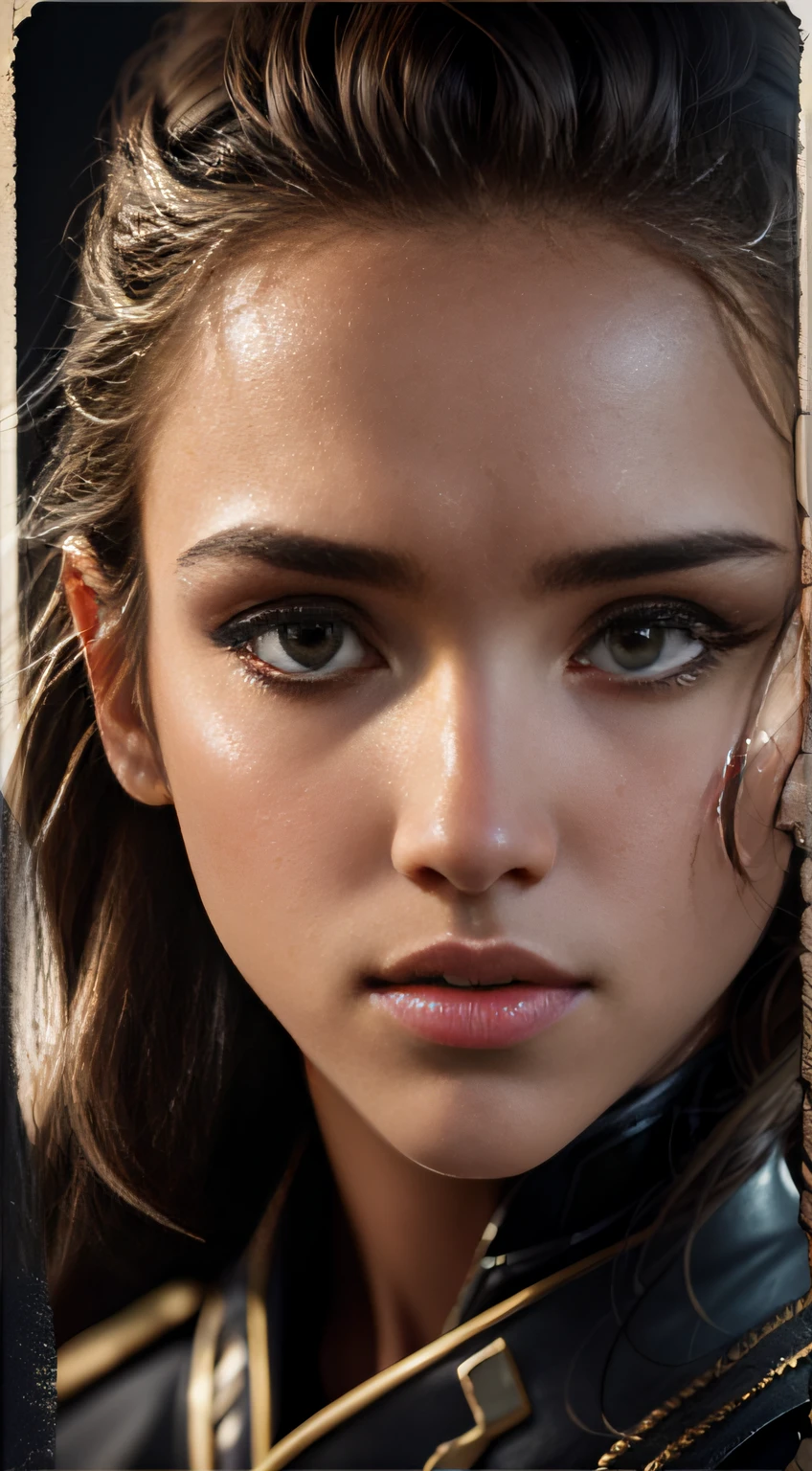 Jessica Alba (High resolution, High Definition + Surrealism: 1.5), (Good results in photographs, Women in uniform, textured skin), (Strong contrast of light and shadow, wandering in war zones, suffering theme, new visual experience)