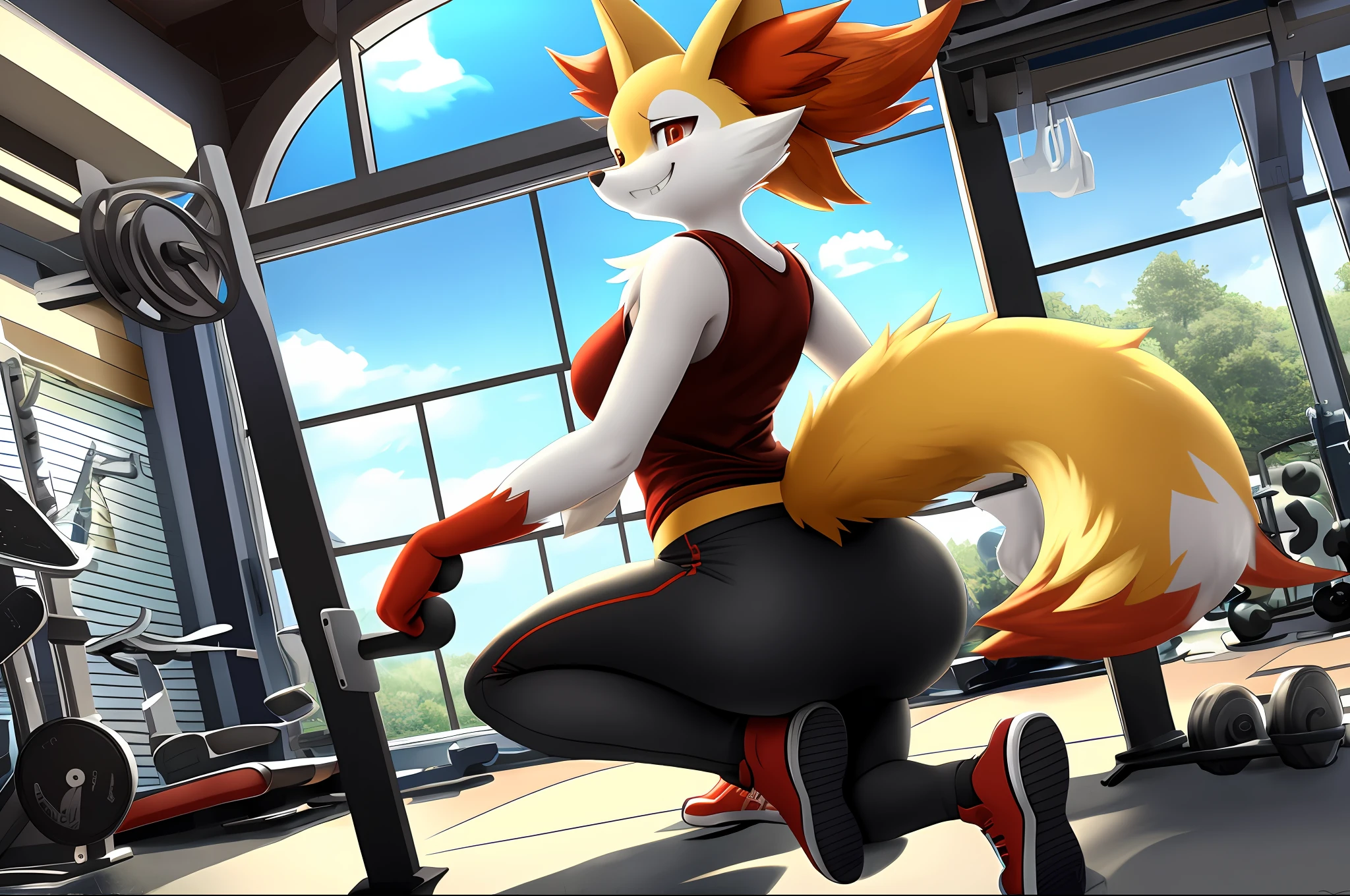 Braixen, ((Beautiful render art)), ((high definition)), ((detailed shading)), ((anthro furry)), cute fox girl, big cute eyes, smile (white teeth, cute fangs), tight black pants and red shirt, black sneakers, tight fit, sexy booty, working out, curvy, arches in the back, (turning around: 1.2), (squating: 1.2), gym, window; [Background (outside daytime, parking lot, red car)], view from behind