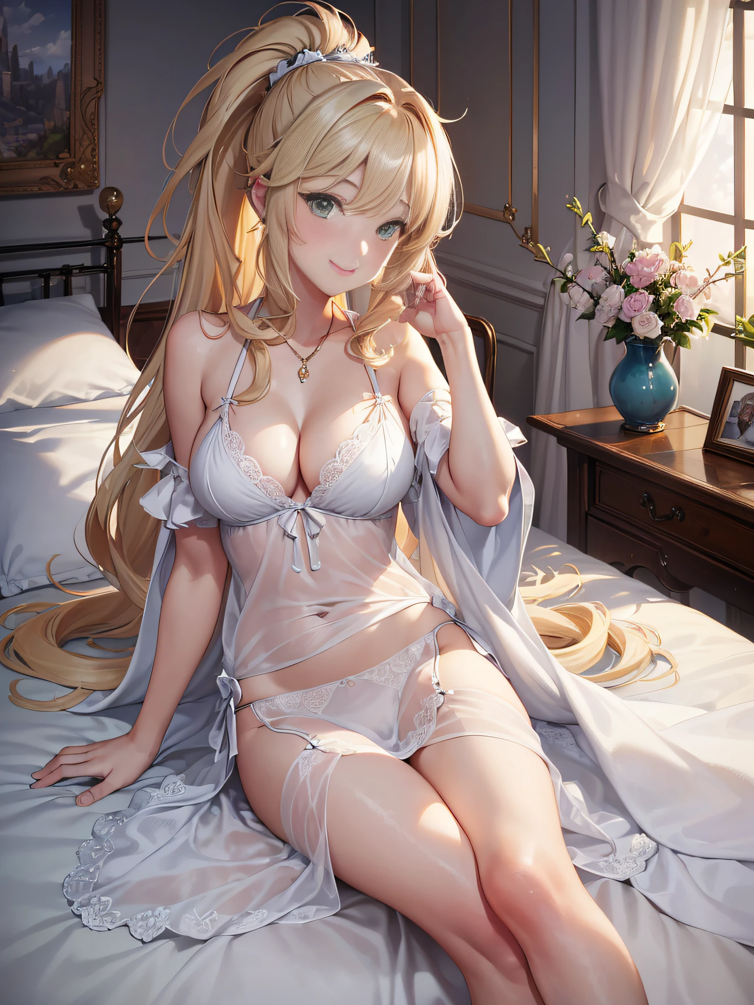 Masterpiece, Best Quality, Official Art, (Highly Detailed CG Unity 8k wallpaper), Detailed background, (Hands by Guido Daniele: 1.1), Feet out of frame, First Person View, 1, Beautiful woman who is attractive and perfect, Lying on her back on the bed, (curvaceous), (Wake up: 1.14))), (Nightgown, underwear, White thighs: 1.12), (Blonde long-haired (Ahoge: 1.13), (High Ponytail: 1.12), (Green Eyes: 1.13), Look at the Beholder, Big, (cleavage), Beautiful Face, (Blush: 1.11), (Smile: 1.11)