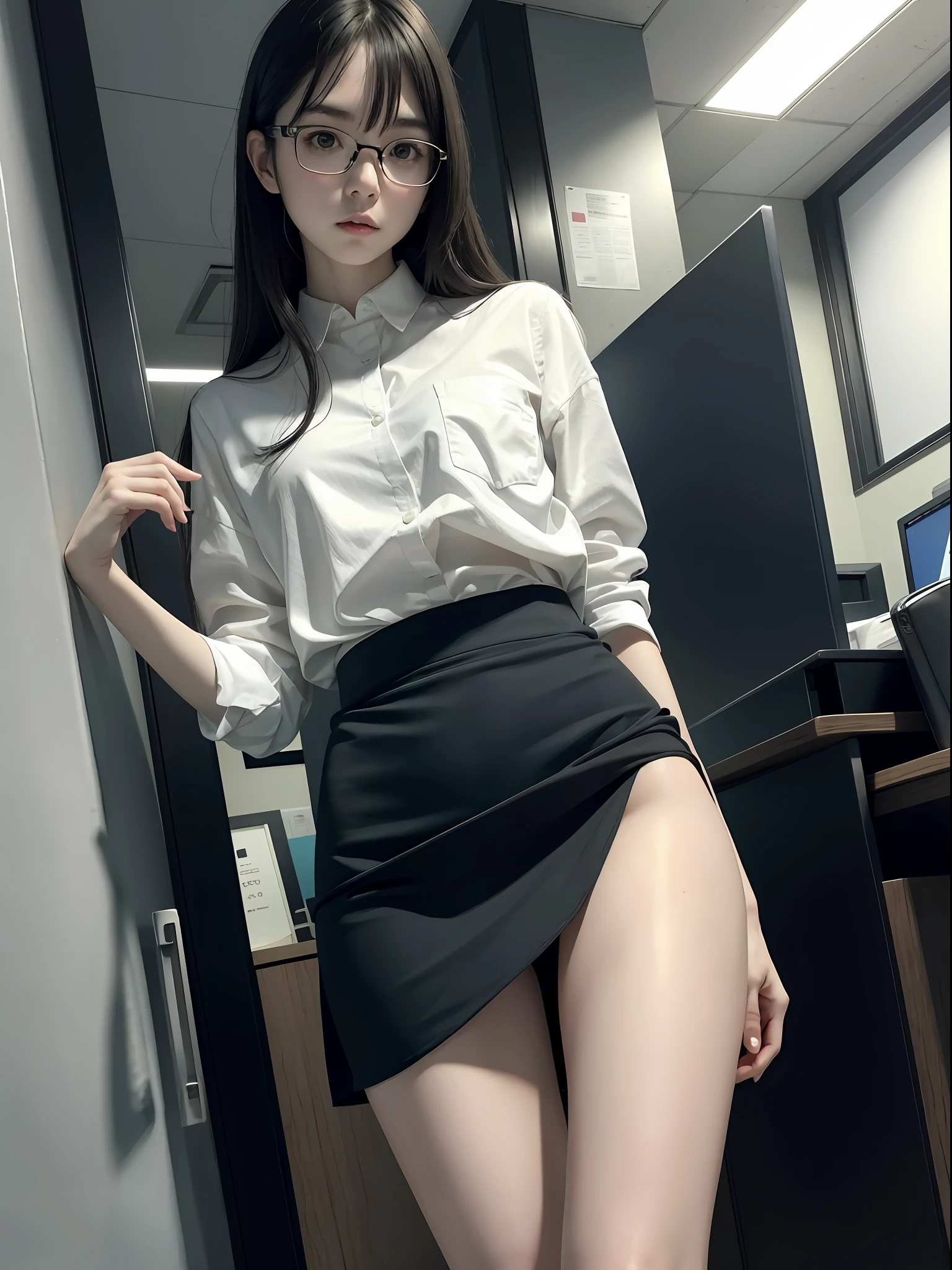 Raw photo, frank, textured skin,( 1 girl),full body, (medium hair:1.2), pale skin, Japan person, glasses, small, young, tall, dark look, bright black eyes, anger, office lady, blue panties visible through skirt, slender body, medium build, small waist, wide thighs, photorealistic, best quality, 8k, masterpiece