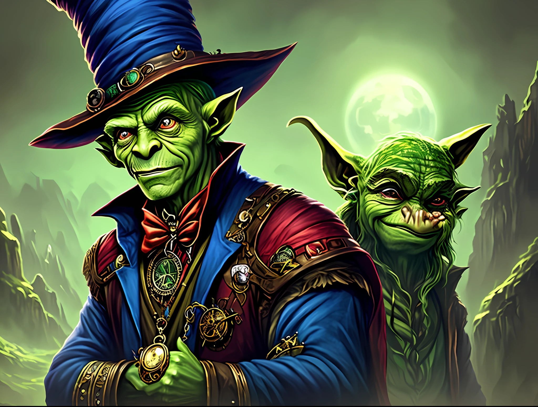 Fantasy painting, fantasy creatures, a portrait, green skin, an elderly goblin with a wizard's hat, red left eye, blue right eye, a steampunk blazer, a hanging pocket watch