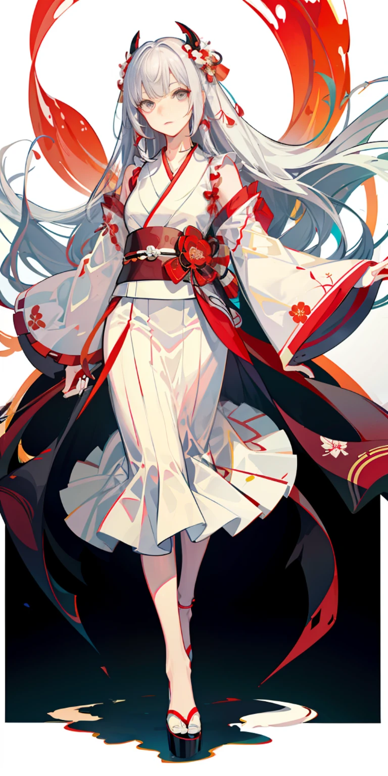 (Representative work: 1.2, highest quality), 1 woman, full body, carp daughter, clear eyes, black eyes, eyes and mouth are impressive, red and white Nishikigoi pattern kimono, young woman, silver white long hair, long hair, kimono style, waist length skirt, 3 bangs