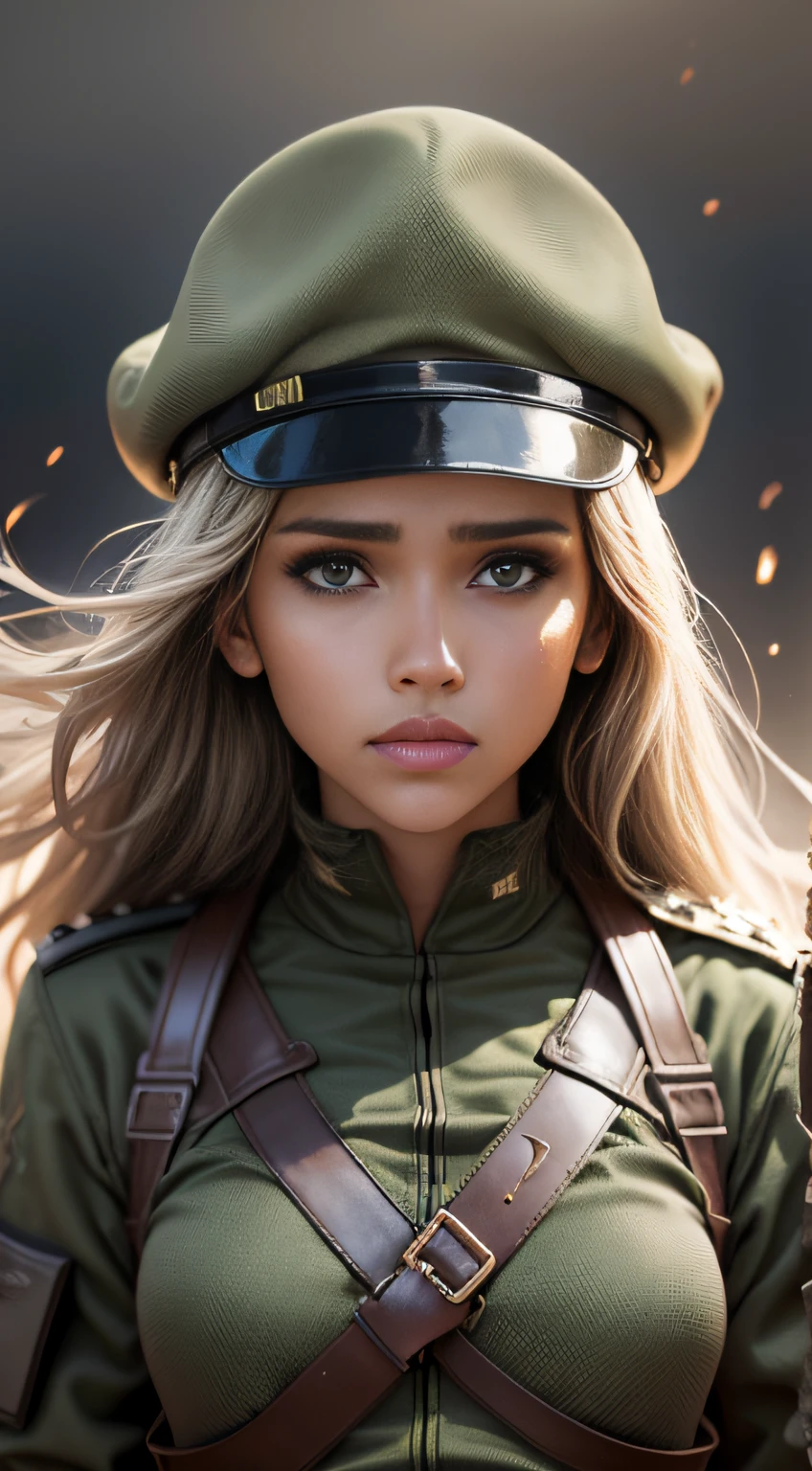 Jessica Alba (High resolution, High Definition + Surrealism: 1.5), (Good results in photographs, Women in uniform, textured skin), (Strong contrast of light and shadow, wandering in war zones, suffering theme, new visual experience)