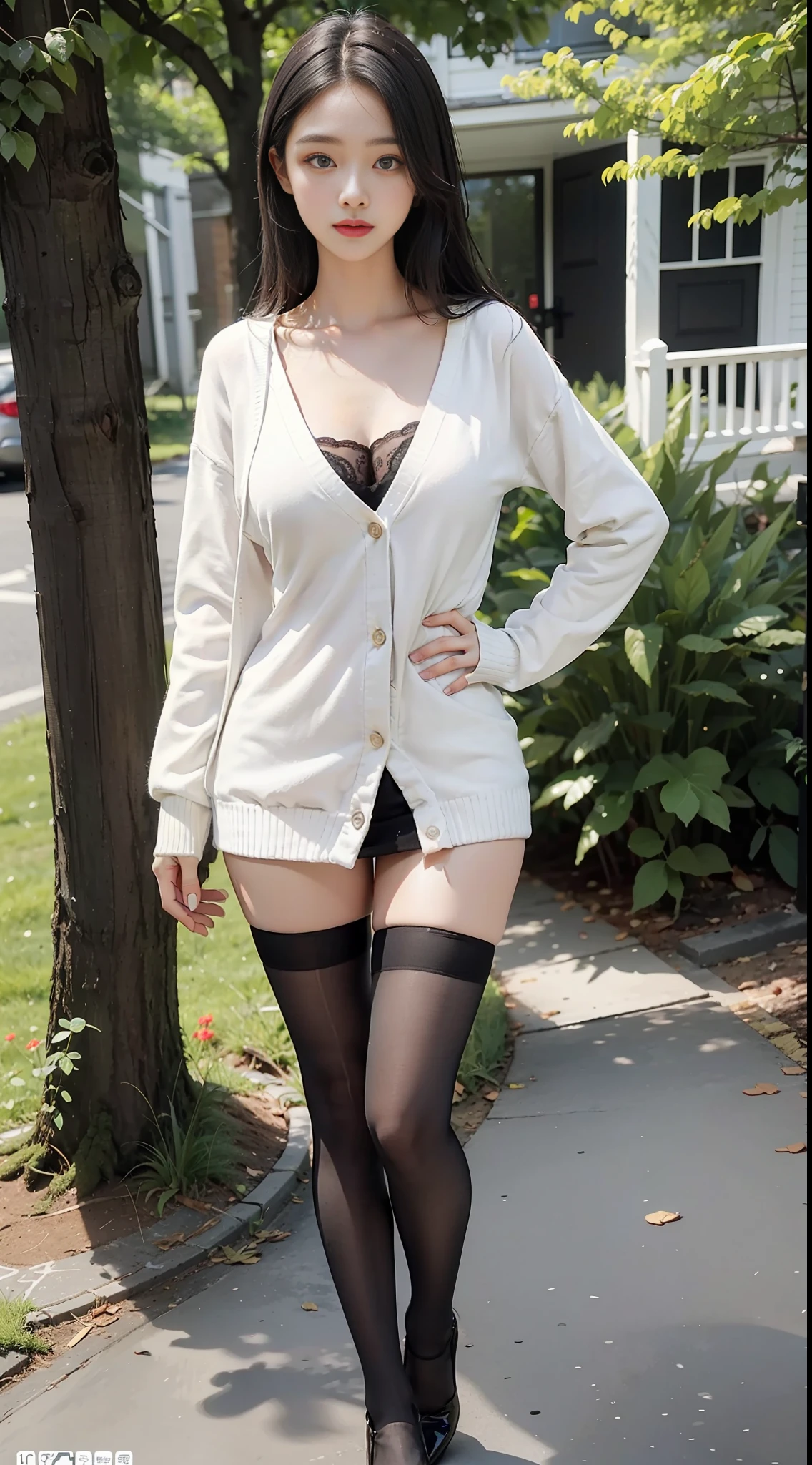 Top quality, full body portrait, delicate face, beautiful face, big eyes: 1.1, makeup: 1.2, 25 year old woman, slim figure, big bust, white shirt cardigan, black hip skirt, black stockings, outdoor scene, standing posture
