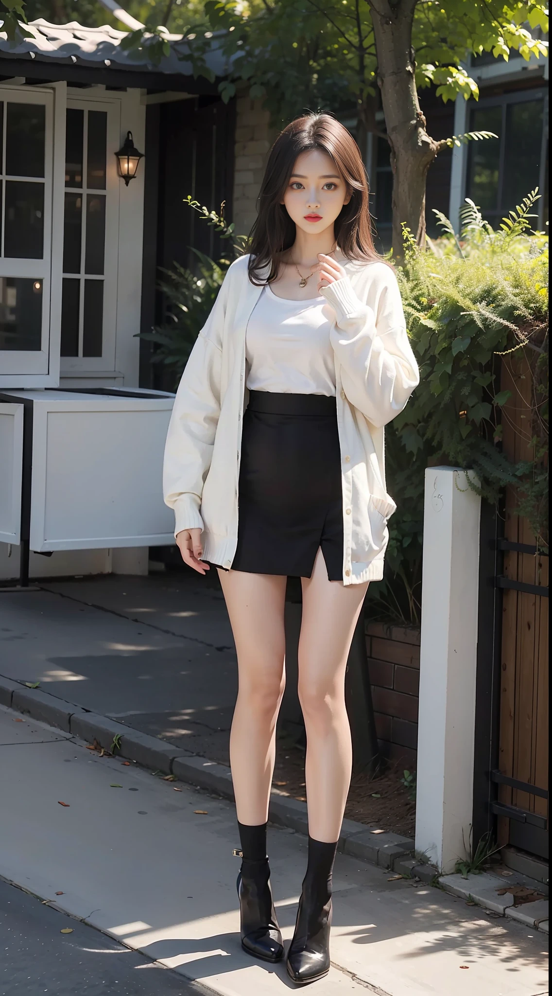 Top quality, full body portrait, delicate face, beautiful face, big eyes: 1.1, makeup: 1.2, 25 year old woman, slim figure, big bust, white shirt cardigan, black hip skirt, black stockings, outdoor scene, standing posture
