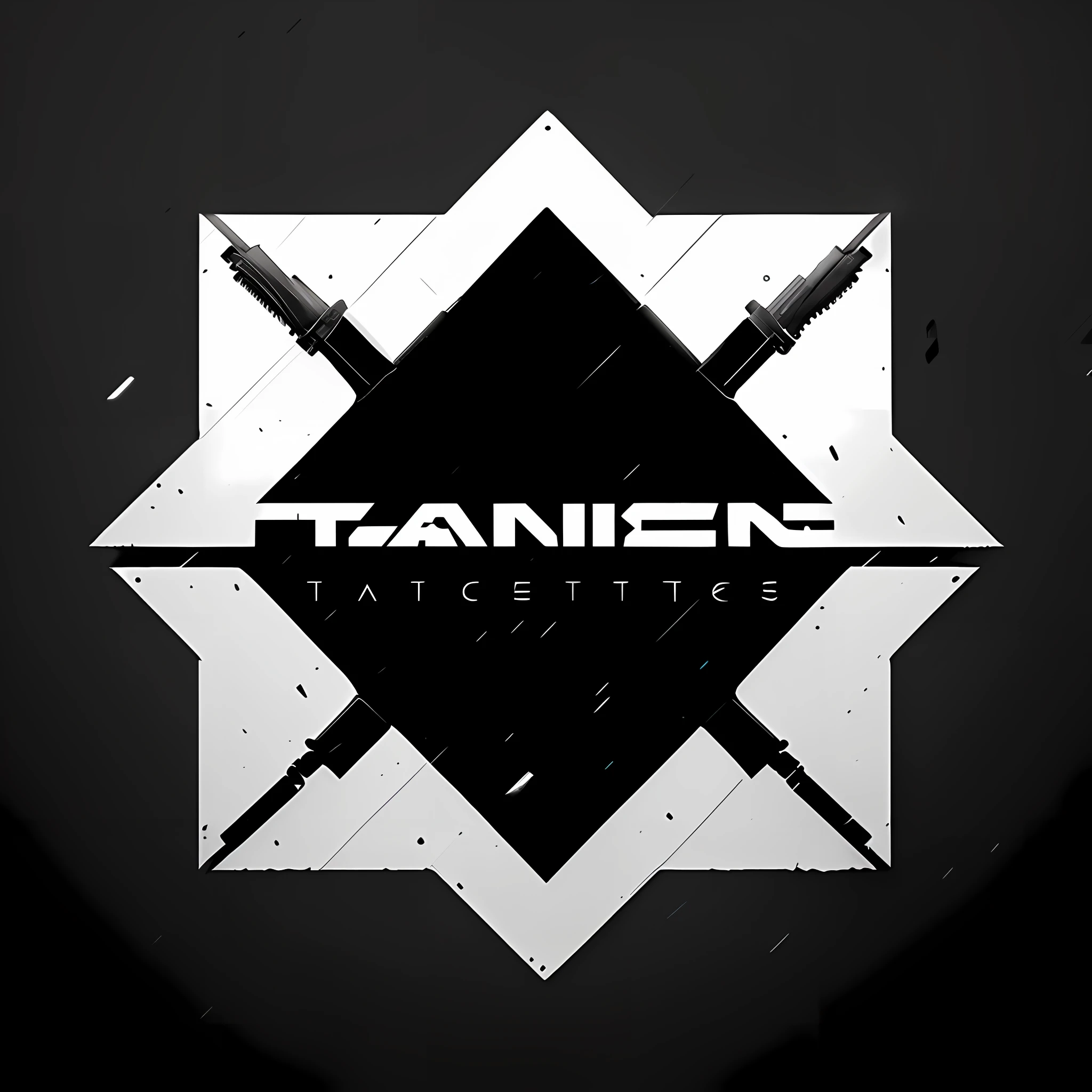 Logo, black and white logo with triangle and word taro tactical innovations, weapon, blade runner, tactics, trade authority, future technology, 8k image quality, simpler lines, separation of text and graphics, rich imagery, main design, Detail, high quality graphics, pure black background, black and white images, no gradients, rifles and &quot;Taran Tactics&quot; provide a great contrast between black and white. Weapon brands, tactical equipment, ammunition companies, energy, trends, letters and weapon elements emphasize branding, dynamism and rebellious spirit. Keep it simple and avoid too many details. , easily recognizable logo, graphic elements (firearms), colors (black and white), font style (modern, powerful), layout (central placement) and overall design style (minimalist black and white with no shadows), pure black and white, no shadows