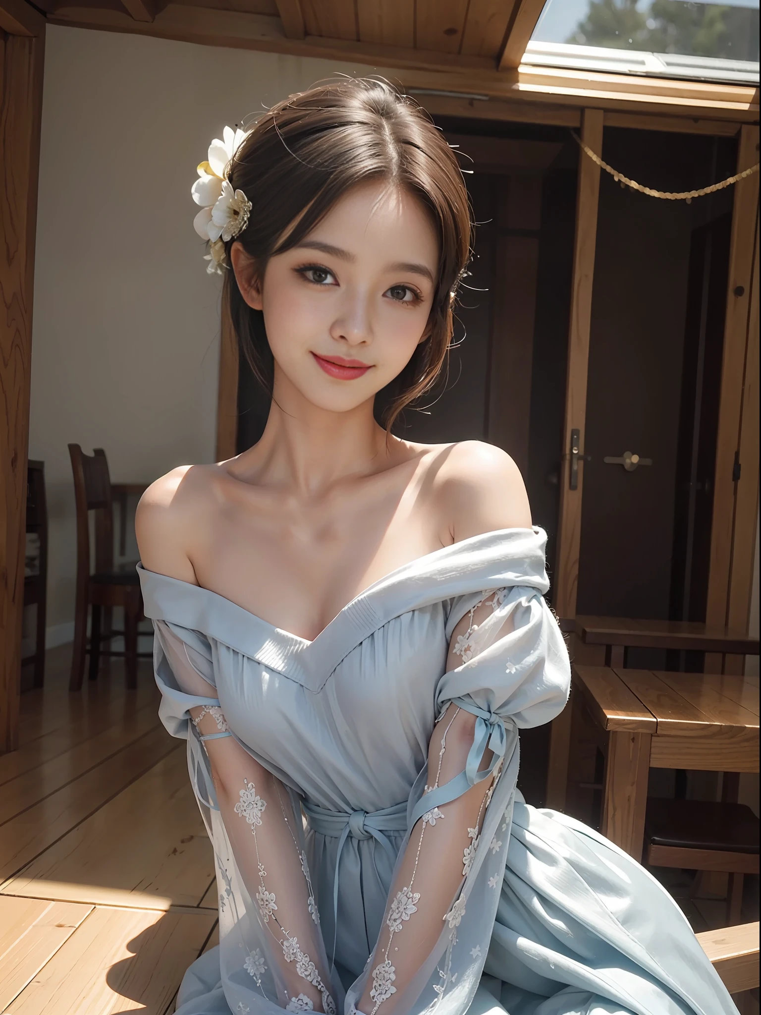 1girl, offshoulder, light smile, shiny skin
best quality, masterpiece, (photorealistic:1.4)
