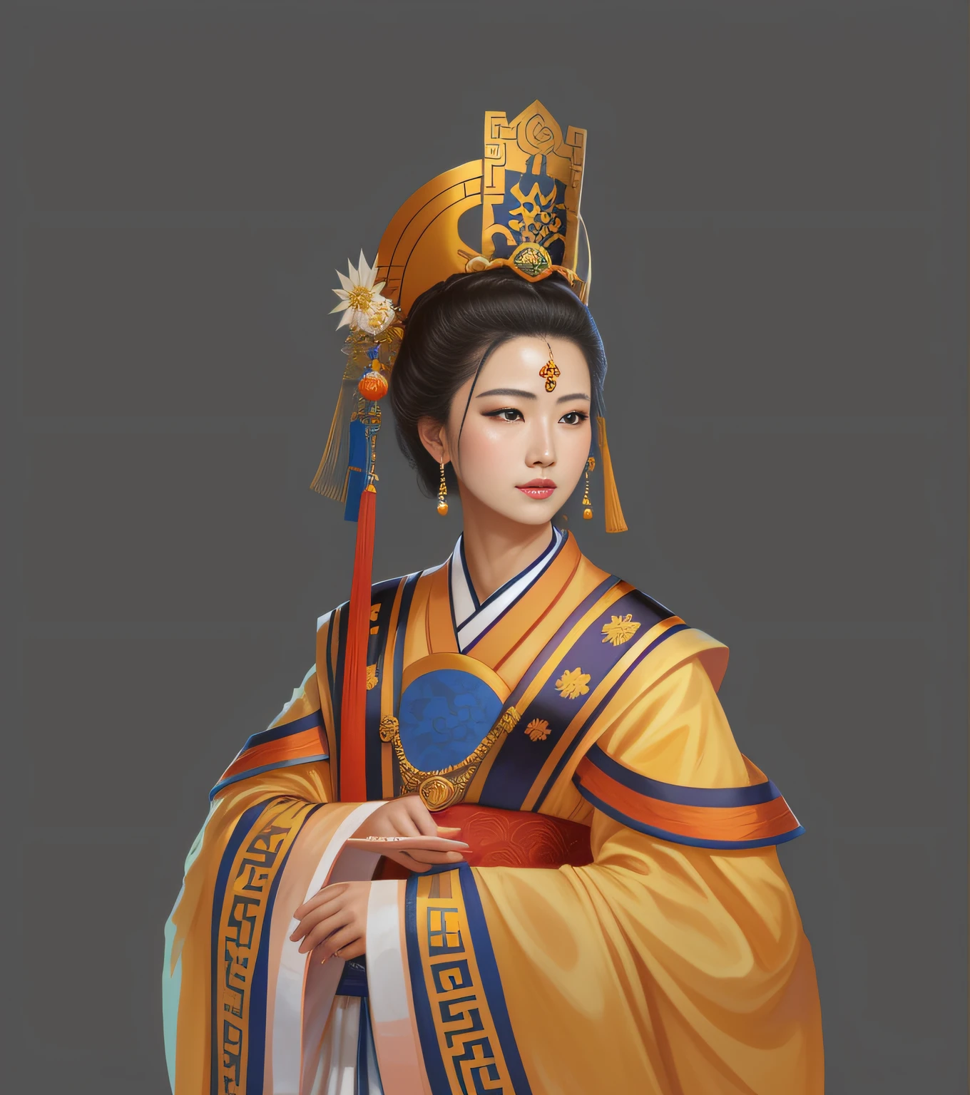 A female emperor in a gorgeous Chinese yellow robe, beautiful figure painting, female emperor of the Tang Dynasty, Wu Zetian, palace, girl in Hanfu, Guwiz style artwork, Hanfu, Guwiz, wearing ancient Chinese costume with a pattern of flowers on clothes, beautiful anime portrait, traditional beauty, inspired by Max Magnus Norman, complete portrait of an electronic master, inspired by Jean Bello, Nicolas Tesla, Gillum Pongiruppi, portrait of a character, Luis Ricardo Farero, epic elegant portrait, Santiago Martínez Delgado, Frank Xavier-Linedeker style digital figure concept art, white, science illustration, Magali Villeneuve, Walt Disney, texture of more brushstrokes, simplified and stylized portrait, American comics, animation energy, ambient light is not strong, photo texture on costumes is not strong, light source at night, hand drawn