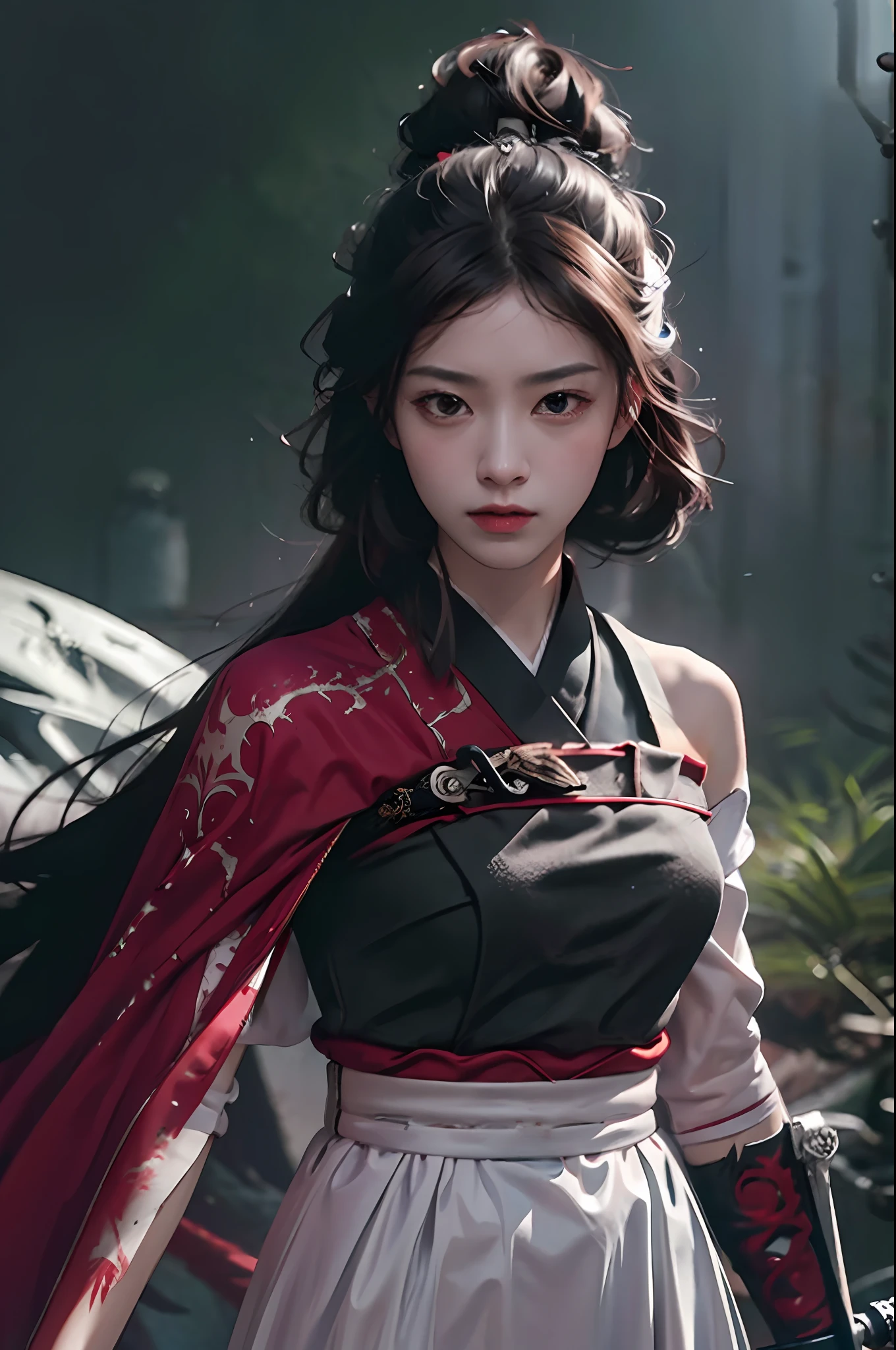 RAW Photo, 4k, Realistic, Delicate and Meticulous Skin), Masterpiece, Best Quality, Official Art, Unity 8k Wallpaper, Ultra Detailed, (Dark Scene, Low Key, Soft Light), Cinematic Look, High Saturation, Best Anatomy, Volume Mist, Samurai Girl, Slim Body, Full Body, 1 Girl, Weapon, Sword, Long Hair, Brunet, Hold, Solo, Hold Weapon, Blood, Sword Grip, Armguard, Simple Background, Blood on Weapon, Looking at the Audience, Black Eyes, Cloth, Floating Hair, Hanfu, Dragon