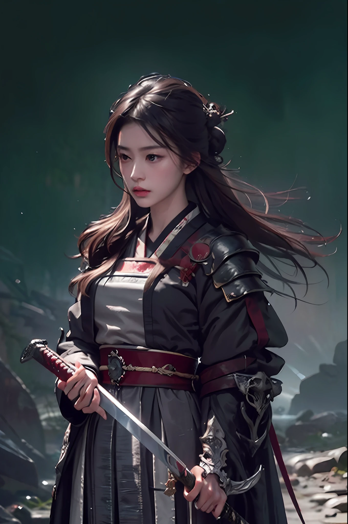 RAW Photo, 4k, Realistic, Delicate and Meticulous Skin), Masterpiece, Best Quality, Official Art, Unity 8k Wallpaper, Ultra Detailed, (Dark Scene, Low Key, Soft Light), Cinematic Look, High Saturation, Best Anatomy, Volume Mist, Samurai Girl, Slim Body, Full Body, 1 Girl, Weapon, Sword, Long Hair, Brunet, Hold, Solo, Hold Weapon, Blood, Sword Grip, Armguard, Simple Background, Blood on Weapon, Looking at the Audience, Black Eyes, Cloth, Floating Hair, Hanfu, Dragon
