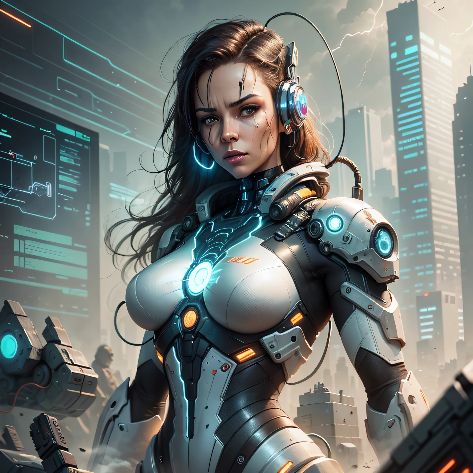 Cyborg woman being recharged, concept art, high definition, beauty, perfect proportions, textured, cables, dirty environment, boxes, electronics, sci-fi, illustration, digital painting --auto --s2