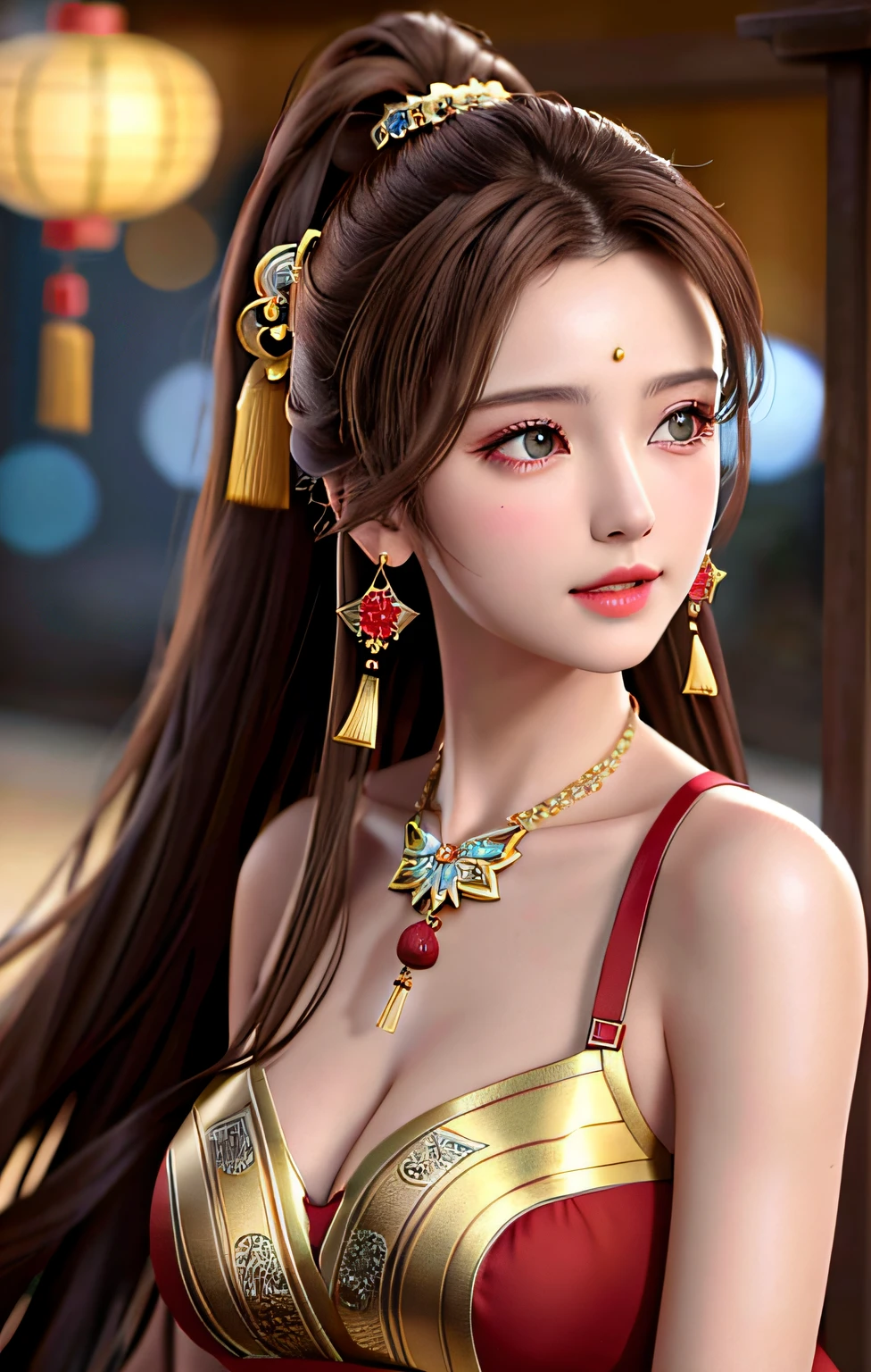best quality, masterpiece, high_res, 1girl, hair ornament, necklace, jewelry, Beautiful face, tyndall effect, photo realistic, rim lighting, (high detailed skin:1.2), 8k uhd, dslr, soft lighting, high quality, volumetric lighting, candid, Photograph, high resolution, 4k, 8k, Bokeh, medium breasts, absurdres, (light brown hair color), red ancient traditional chinese underwear, ponytail contorted, best ratio four finger and one thumb,