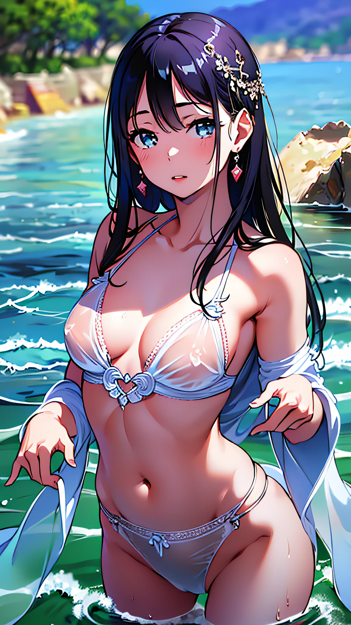 (8k, RAW photo, best quality, masterpiece: 1.4), ultra high definition, (realistic, photorealistic: 1.48), beautiful lake, (flat chest:1.2), young girl, 20 years old, whole body, Japanese famous actor, see-through costume, transparent white