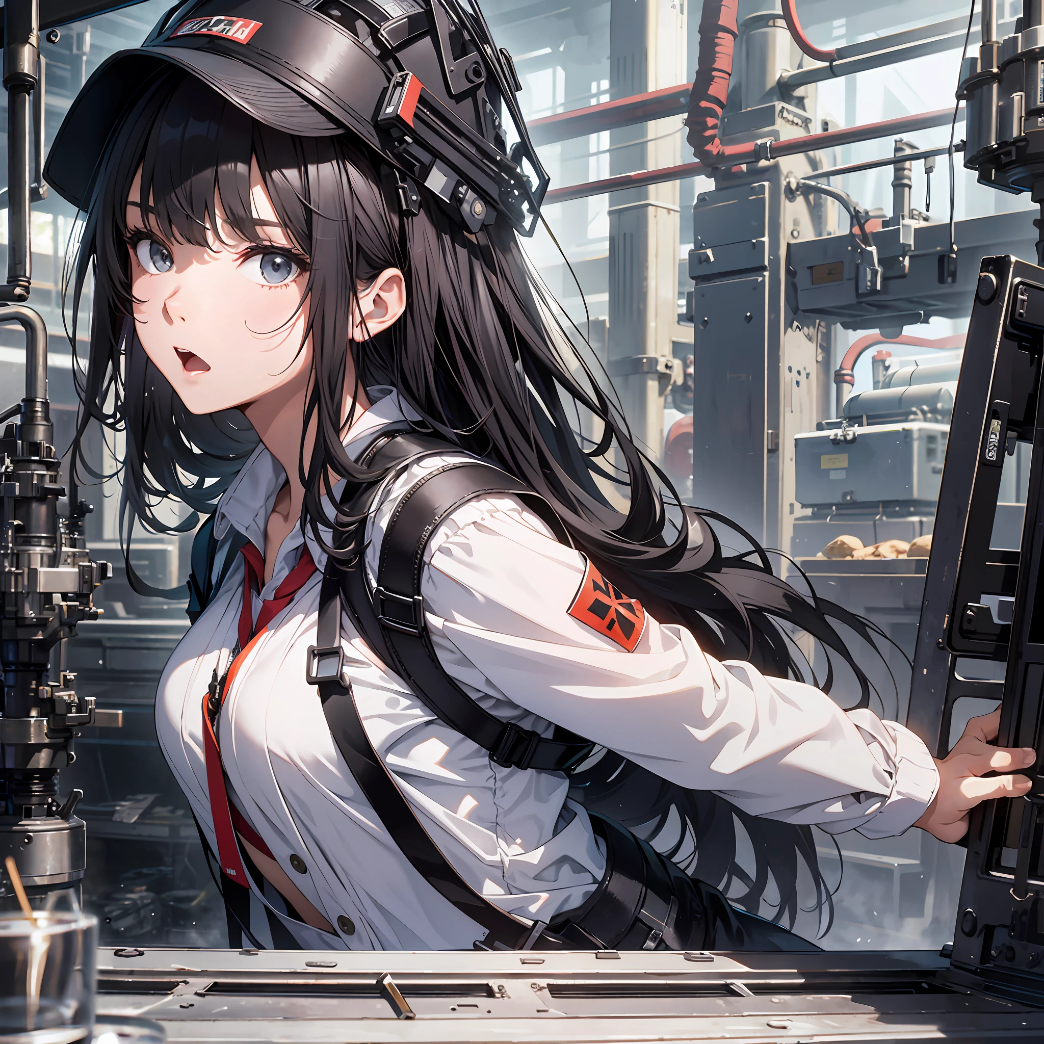 Absurd resolution, high resolution, (masterpiece: 1.4), hyper-detail, black-haired young woman dressed as technician, shocked and surprised expression, inside the factory