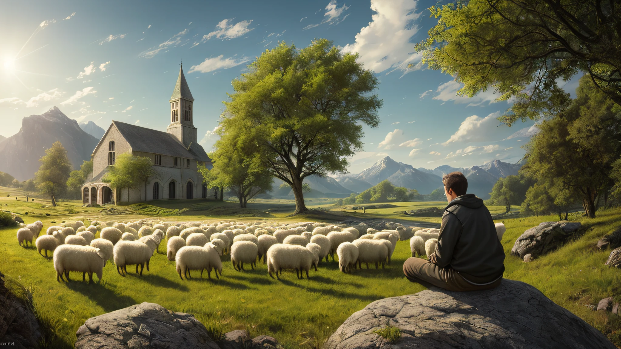 Drawing a man sitting on a rock with a scepter in his hand, a flock of sheep next to the man on the grass, the man is interacting with the lamb, a church in the background, a church, epic biblical depiction, God looking at me, biblical image, Bible painting, Lord and Savior, pastoral, he greets you warmly, peaceful scene, biblical art style, biblical art, his thoughts contemplative eternal, pastoral environment, he is all alone, beautiful image once created, young Almighty God, 8k, RAW Photos, Best Quality, Masterpiece: 1.5, Ultra High Resolution, Realistic: 1.5, Cinematic Light, Soft Volume Lighting: 1.5, Realistic, Photo-realistic:1, Detailed Skin, Professional Lighting, Photography, Sharp focus, detailed ,professional lighting, photon mapping, Detailed and complex environment, Very detailed, Best quality, Art Photography, Realistic concept art, soft natural volume, cinematic perfect light, midjourney