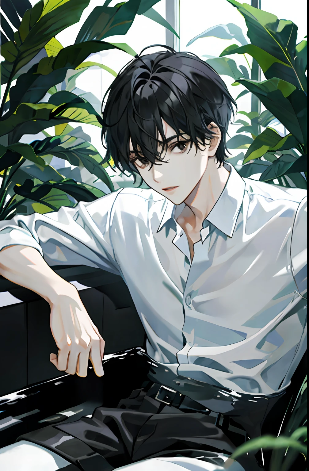 Man with black hair and black eyes, white shirt, bathing in a bathtub with greenery around him