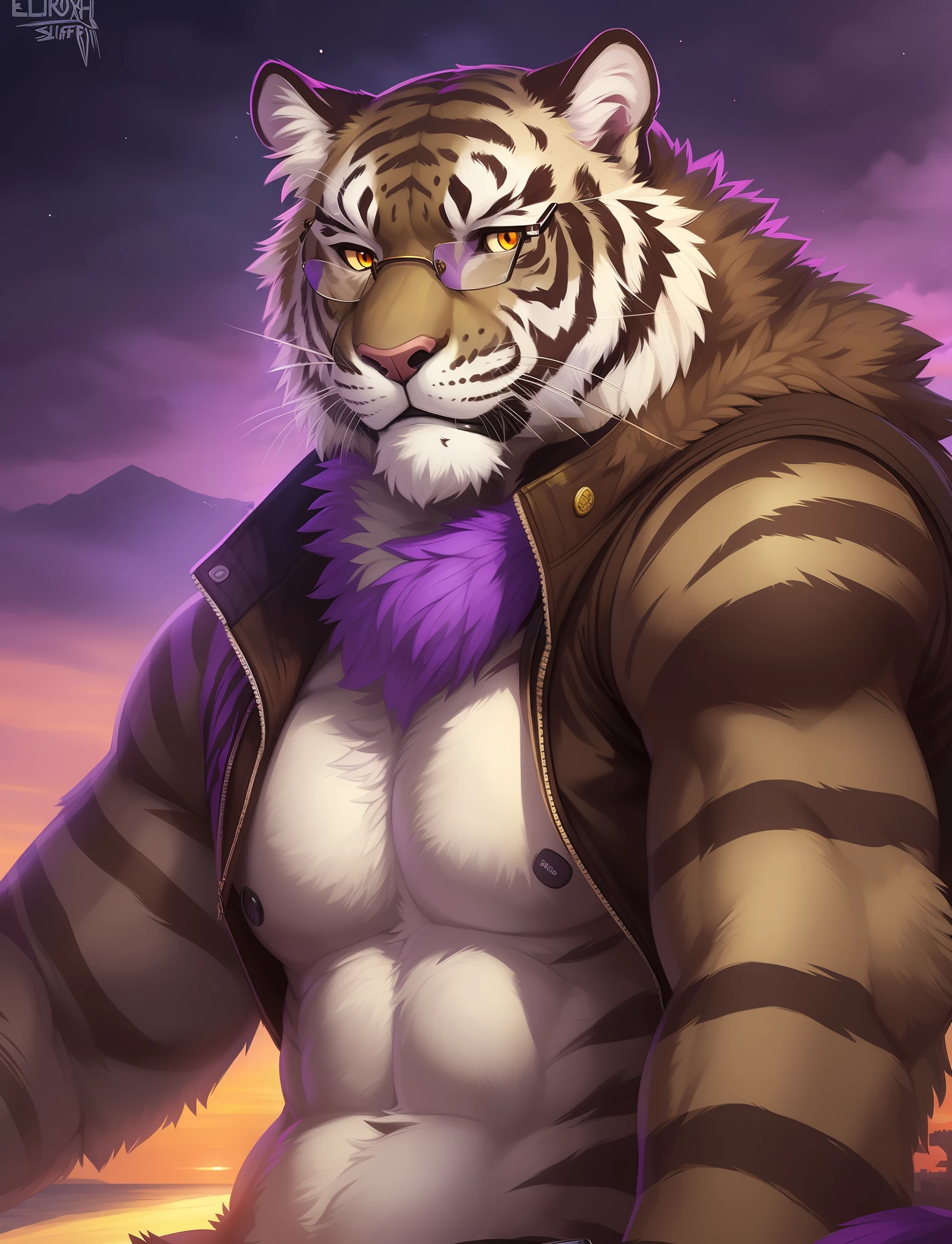 (A muscular tiger with unique brown fur and striking purple stripes on his neck), heavy jacket, best quality, ultra-detailed, a casual pose, with decent muscles and (sharp claws:1.2), intense seductive bedroom eyes, (growling:1.2), (ambient radiance:1.2), (dramatic shadows:1.2), (splashing water:1.1), (dust and debris particles:1.1), uploaded on e621, male, full length portrait, (felid), mammal, ((pantherine)), (very dark brown fur:1.4), (purple stripes on brown fur), (realistic fur), tiger hybrid, by enro the mutt, by foxovh, by sligarthetiger, by pino daeni, sunset clouds, starry sky, vivid California aesthetic, (eyeglasses:1.4), undressed, faint smile, humble yet curious, white whiskers, glowing eyes, orange pupils, interesting stripe pattern on his arms, pointing at viewer, pov, (on top), happy, unbuttoned clothing, purple gradient fur, teeth, (scenic view:1.1), city, sitting, side shot,