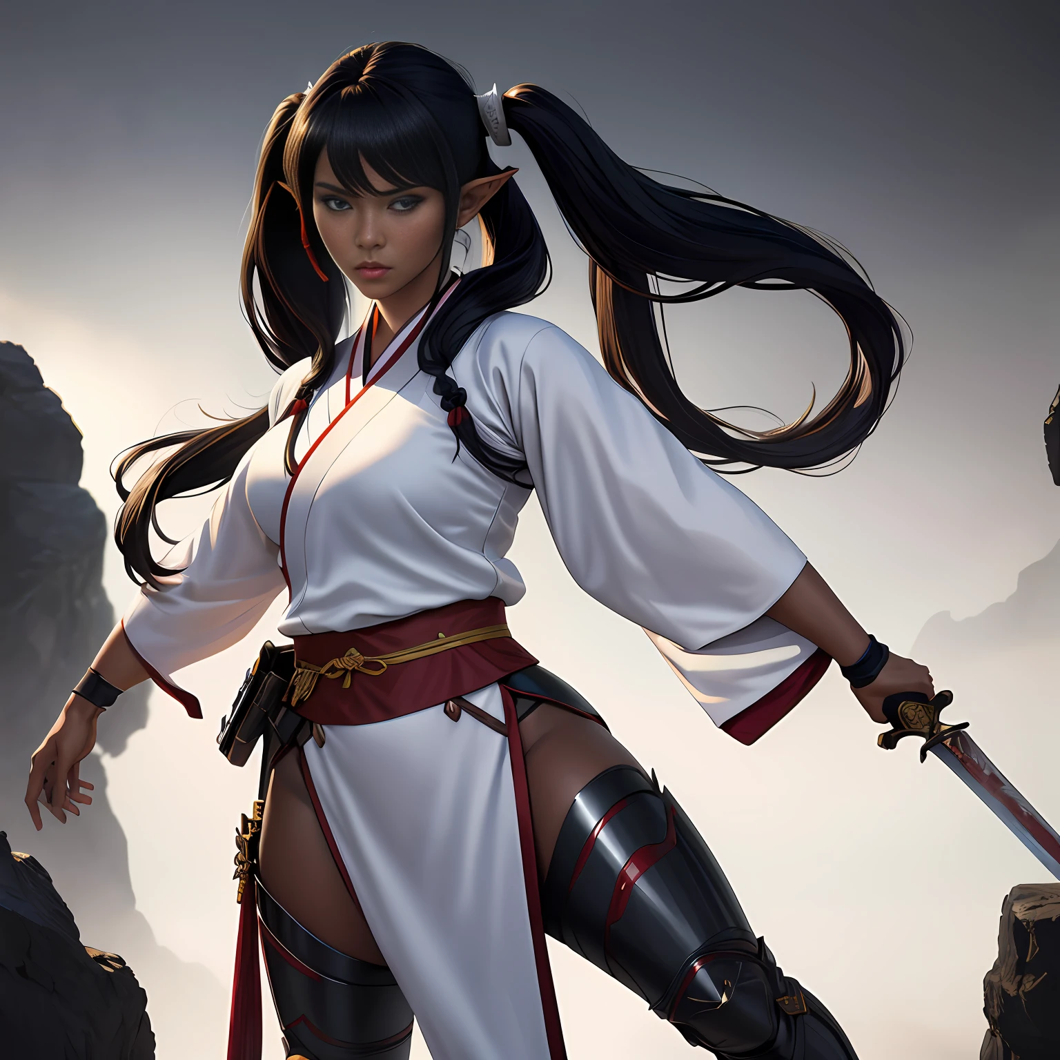 Best quality,masterpiece,ultra high res,(photorealistic:1.4)1girl,weapon,sword,long hair,black hair,twintails hair,pointy ears,dark skin,large breasts,white background,solo,blood,arm guards,night jungle,blood on weapon,looking at viewer,blue eyes,tabi,floating hairfull body,upper body,jumper,hands on hips, perfect lighting, perfect shading, dynamic pose, (hanfu:1.2),(japanese armor),(flat color:1.1), (mature adult:1.35)