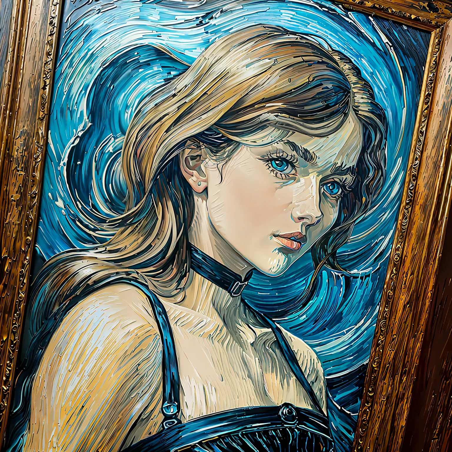 Background Van Gogh style, black big wave lady 8k, oil painting style face, clean face, detailed eyes, summer suspender + thin coat, face Van Gogh oil painting realistic style, fantasy, van Gogh brush strokes + cinematic lens + dynamic composition, incredible detail, sharpening, detail + superb detail + psychedelic beautiful colors + perfectionism + award-winning realism ((moody lights)), (upper body) --auto --s2