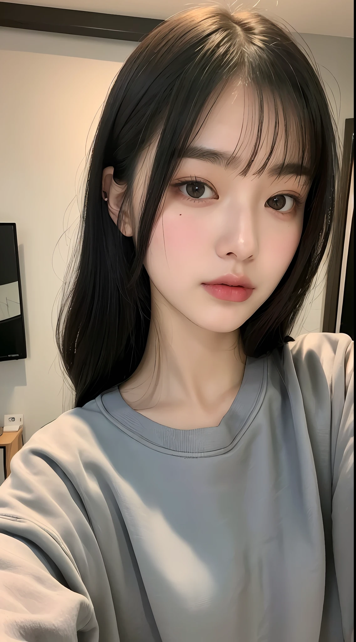 (top quality, 8k, masterpiece: 1.3), pretty woman with perfect figure: 1.4, black hair, small, gray sweatshirt, in bedroom, very detailed face and skin, detailed eyes, double eyelids, shiny skin, embarrassed, Japan person, with bangs, fair skin, low impression of eyebrows, appeal, glossy cheeks