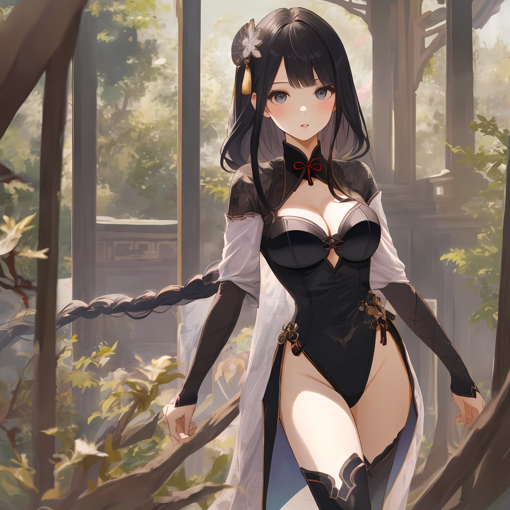 (masterpiece:1.2, best quality), (, intricate details, depth of field), (1girl, solo), make up, parted lips, highly-detailed, perfect face, cleavage, transparent, front view, perfect ass, (medium breasts:1.4), slender body, beautiful legs, perfectly shaped waist, glossy coral lips, Long hairs, perfect eyes, revealing Armor, black panties, black underwear, Chinese dress, Chinese hair styles