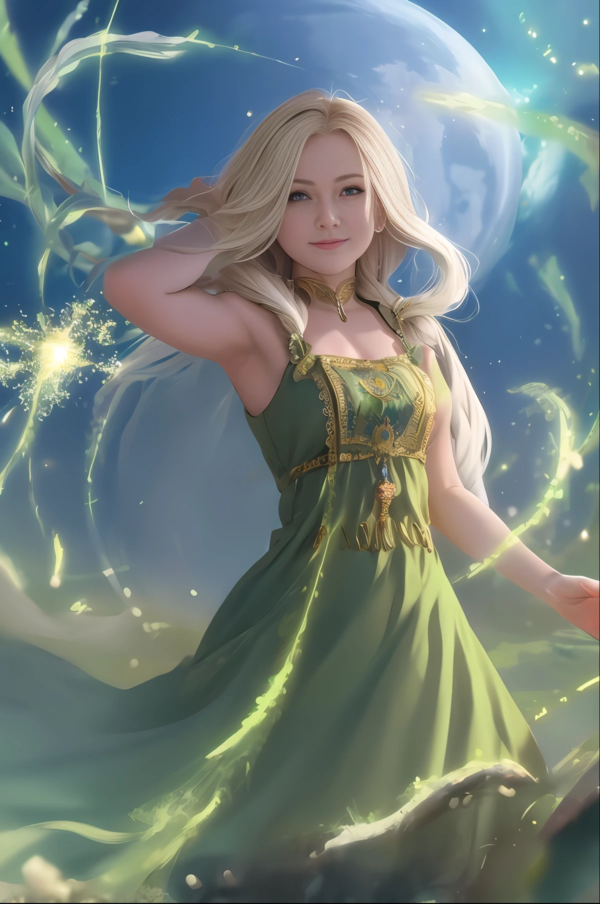 best quality, masterpiece, upper body,
(adult:1.6) ukrainian woman, (smirk:0.4), 
braided blonde hair,
emerald eyes,
medieval sundress,
 floating light particles, centered,
