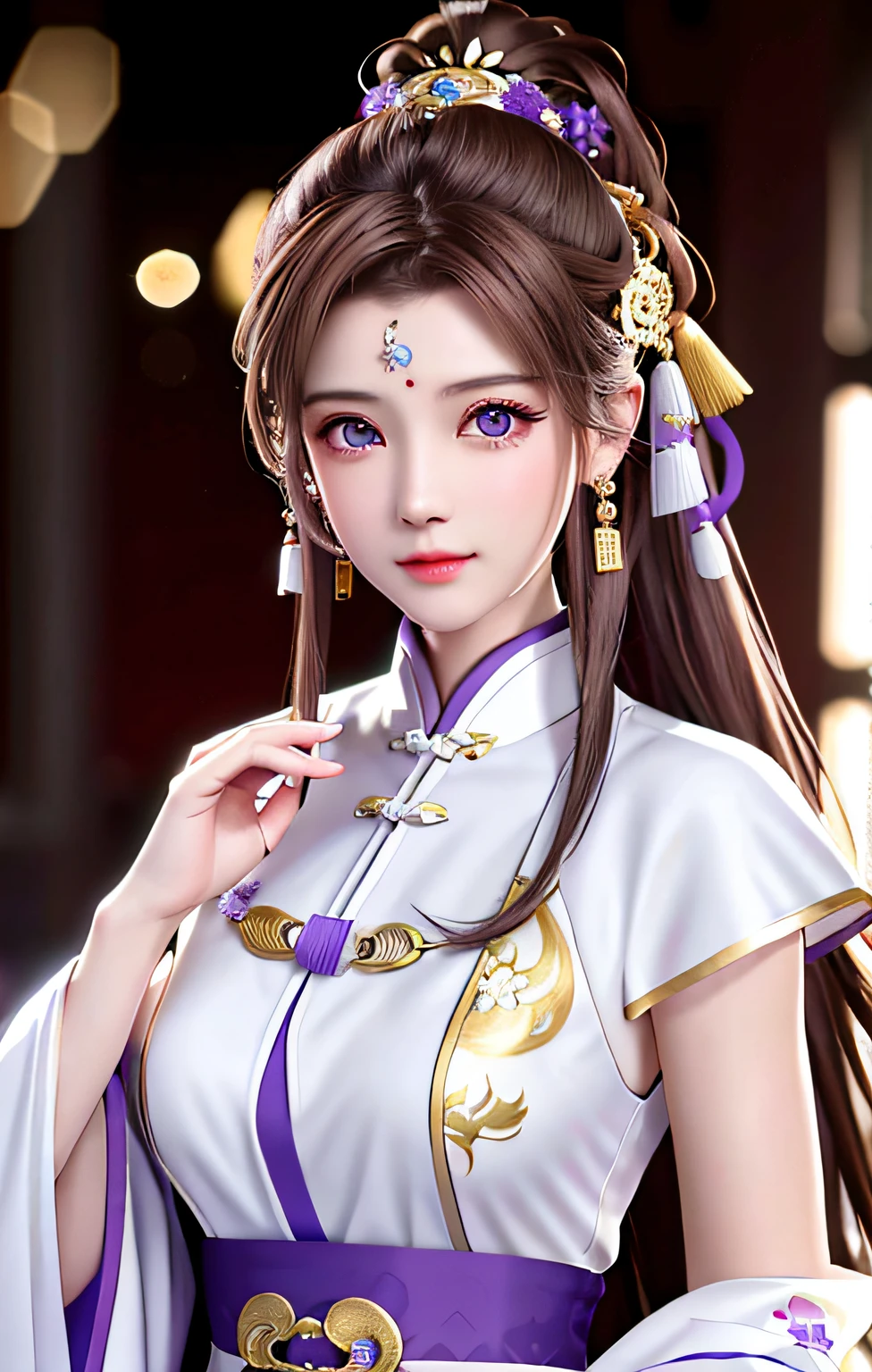 best quality, masterpiece, high_res, 1girl, hair ornament, necklace, jewelry, Beautiful face, tyndall effect, photo realistic, rim lighting, (high detailed skin:1.2), 8k uhd, dslr, soft lighting, high quality, volumetric lighting, candid, Photograph, high resolution, 4k, 8k, Bokeh, medium breasts, absurdres, (light brown hair color), (purple eyes color), white traditional chinese dress, ponytail contorted, best ratio four finger and one thumb,