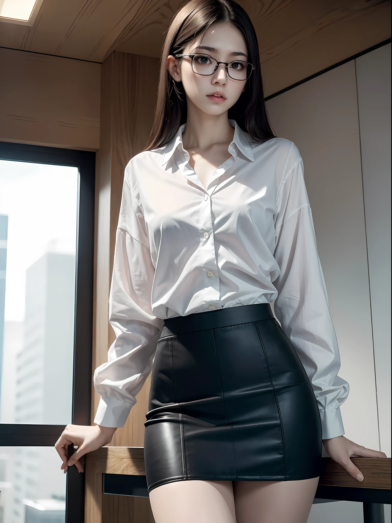 Raw photo, frank, textured skin,( 1 girl),full body, (medium hair:1.2), pale skin, Japan person, glasses, small, young, tall, dark look, bright black eyes, anger, office lady, blue panties visible through skirt, slender body, medium build, small waist, wide thighs, photorealistic, best quality, 8k, masterpiece