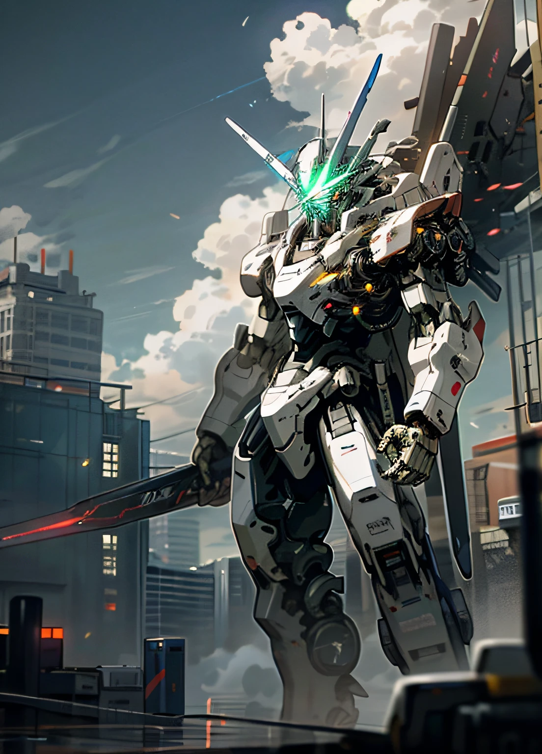 Sky, Clouds, holding_weapon, no_humans, Glow, Robot, Architecture, glowing_eyes, Mecha, Science Fiction, City, Reality, Colorful
