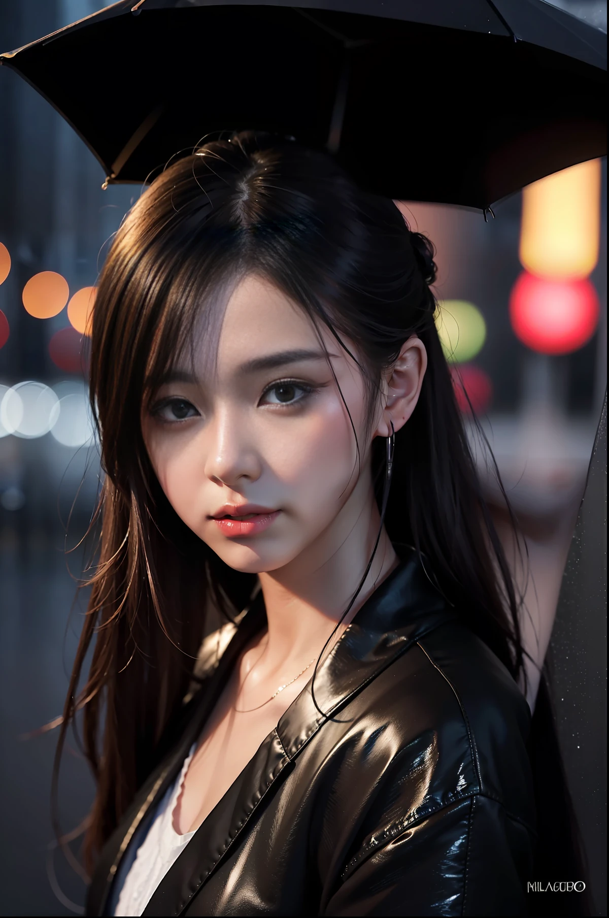 Best quality, masterpiece, ultra high res, (photorealistic:1.4), raw photo, 1girl, in the dark, deep shadow, low key, cold light, closeup, on the streets of Japan, night time , rainy night, Japan streets , neon lighting background