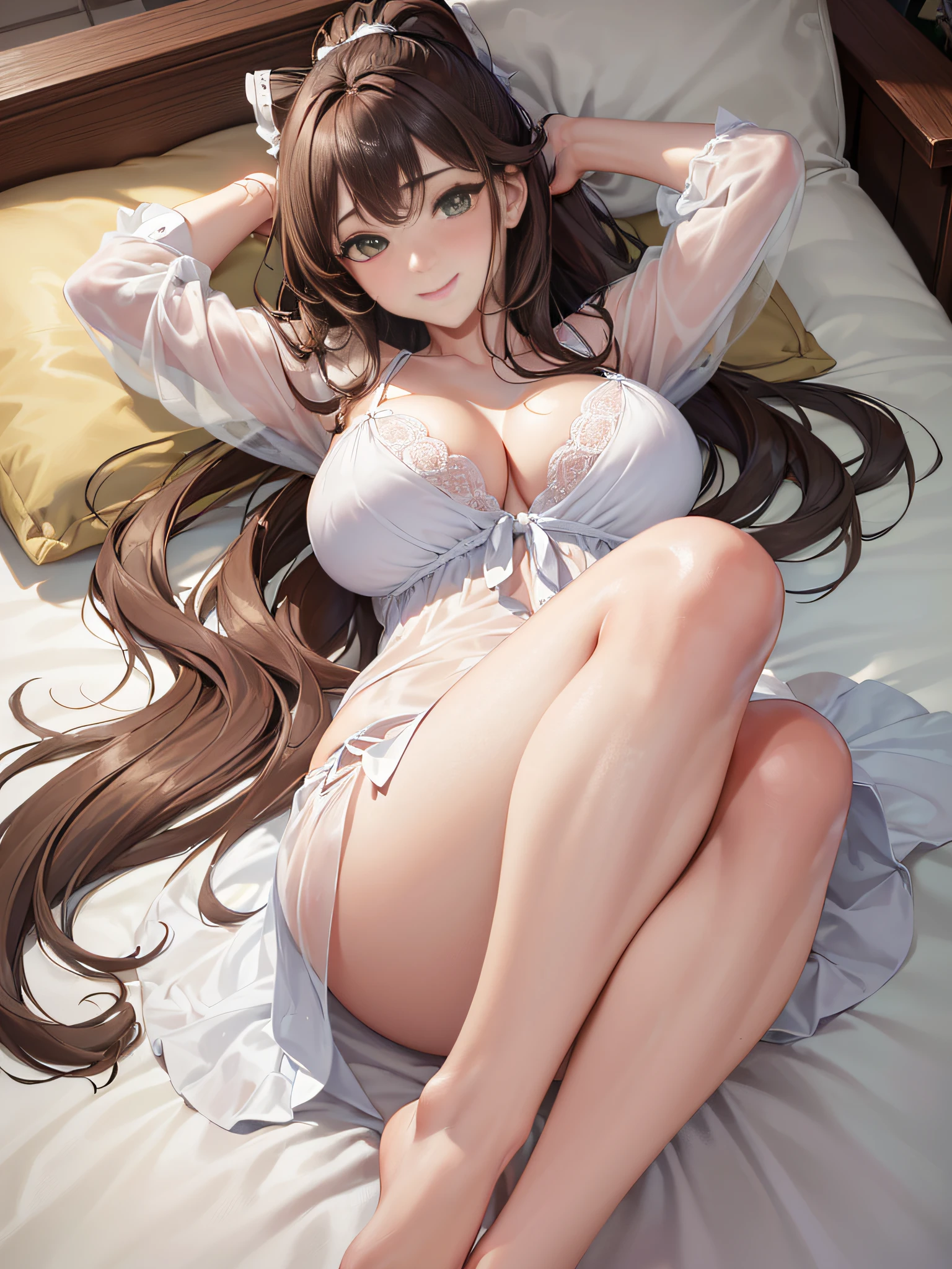Masterpiece, Best Quality, Official Art, (Highly Detailed CG Unity 8k wallpaper), Detailed background, (Hands by Guido Daniele: 1.1), Feet out of frame, First person perspective, 1, Beautiful woman who is attractive and perfect, Lying on her back on the bed, (curvaceous), ((((Wake up: 1.14))), (Nightgown, underwear, white thighs: 1.12), (Long brown hair: 1.12) (Ahoge: 1.13), (High ponytail: 1.12), (Green eyes: 1.13), Look at the viewer, big, (cleavage), beautiful face, (Blush: 1.11), (Smile: 1.11)