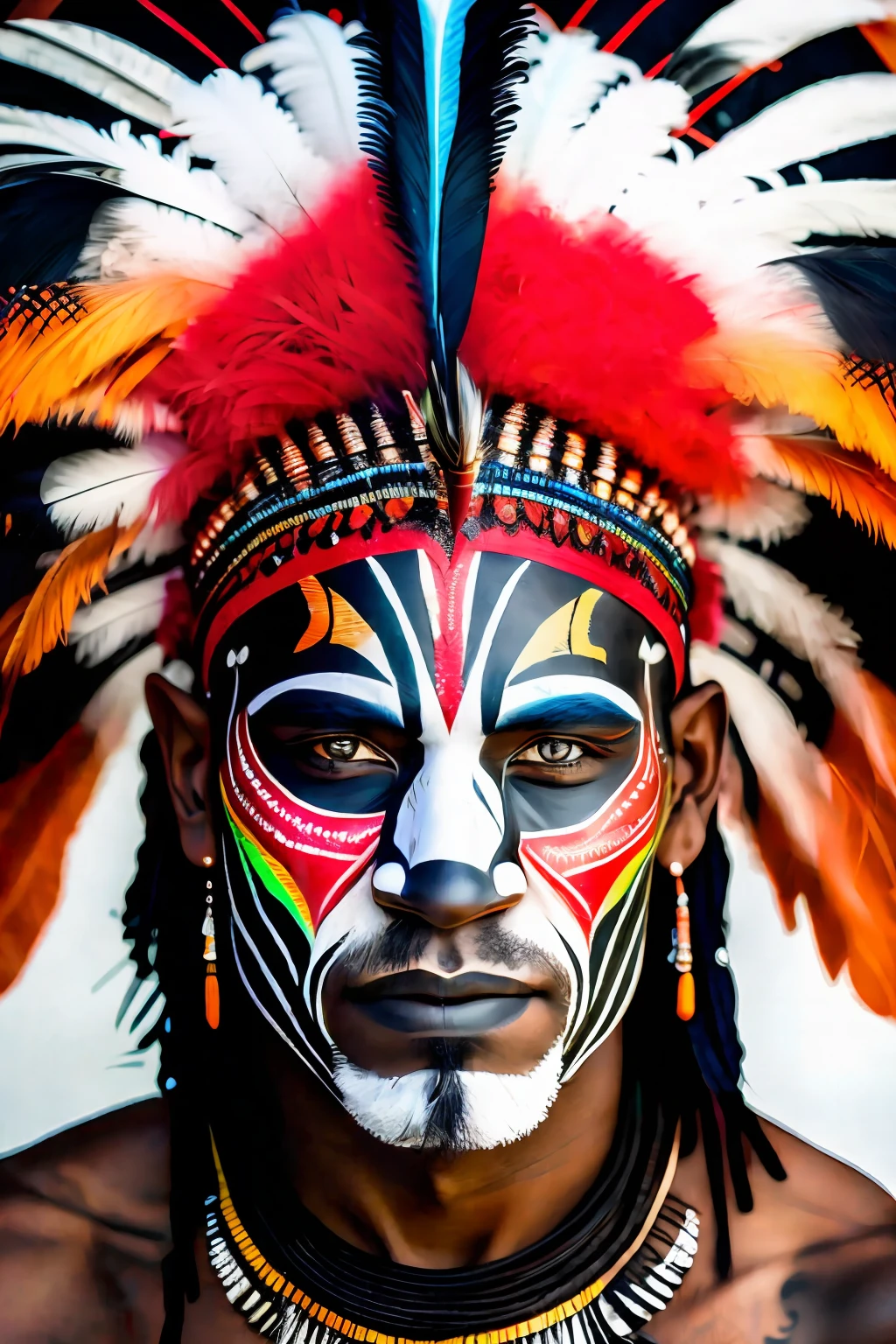 arafed man with face paint and feather headdress posing for a picture, tribal facepaint, tribal face paintings, tribal makeup, painted face, ayahuasca shaman, tribal paint, warrior face painting red, facial tribal markings, fantastic details full face, symmetrical painted face, intricate patterns on face, face paint, facepaint, tribal mask, traditional makeup