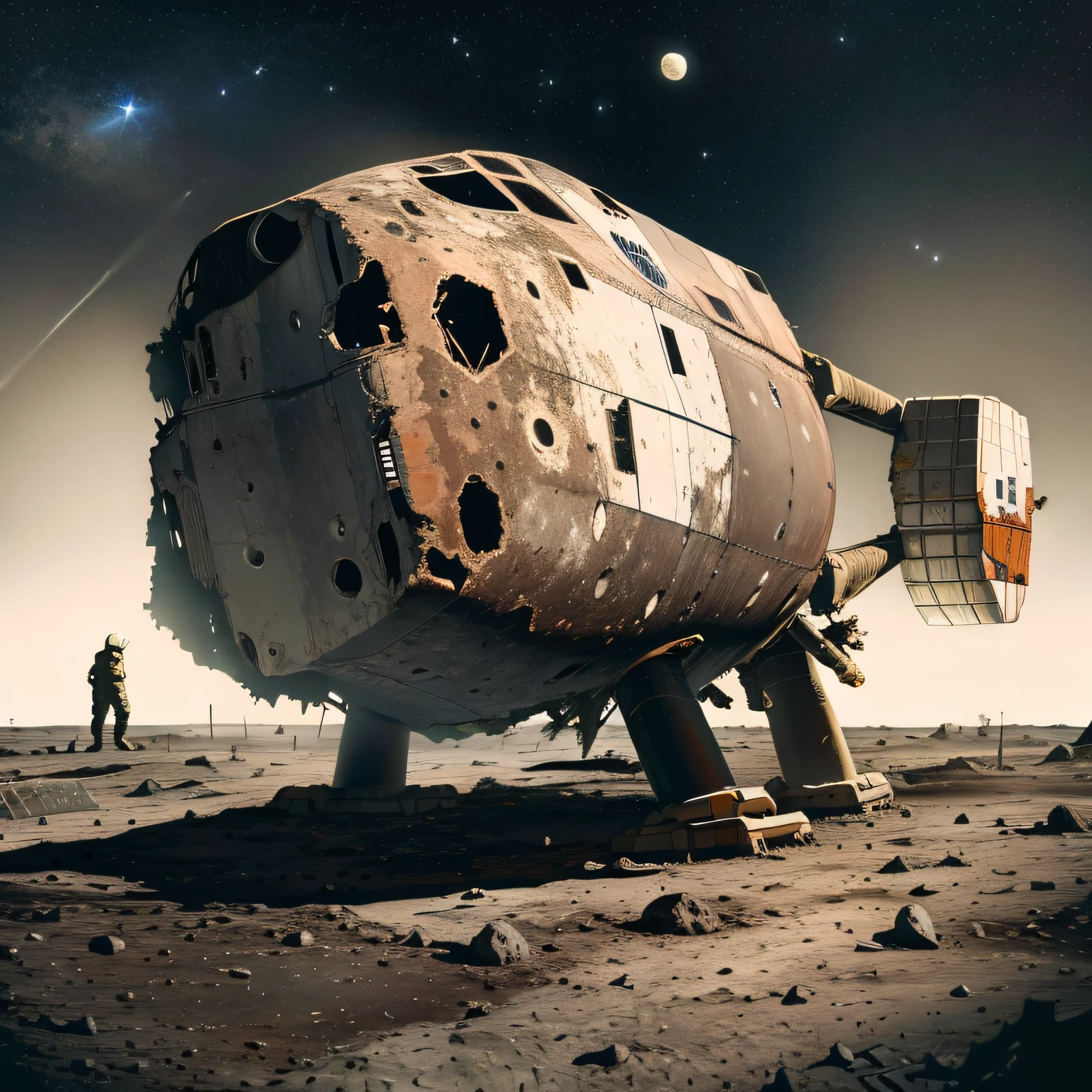 (a super huge wreckage of spaceship crashed on lunar surface:1.5), black sky with stars, with debris scattered around, (damaged, rusted, stained, cracked:1.3)，
some small transport vehicles are driving to the distance, earth can be seen in the sky, one big and one small, in the sky, (an astronaut standing aside:1.5),
close look up view,
extremely detail, 8K, doomsday punk style, cool colors