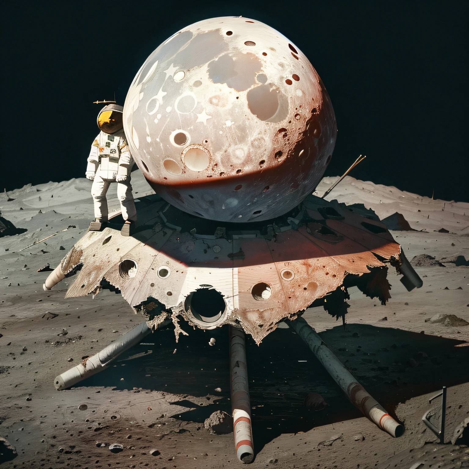 (a super huge wreckage of spaceship crashed on lunar surface:1.5), black sky with stars, with debris scattered around, (damaged, rusted, stained, cracked:1.3)，
some small transport vehicles are driving to the distance, earth can be seen in the sky, one big and one small, in the sky, (an astronaut standing aside:1.5),
close look up view,
extremely detail, 8K, doomsday punk style, cool colors