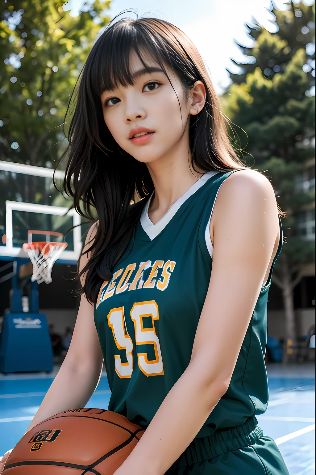 (8k, Best Quality, Masterpiece: 1.2), (Realistic, Photorealistic: 1.37), Super Detailed, Best Quality, Super High Resolution, Professional Lighting, Photon Mapping, Radiosity, Physically Based Rendering, Cinematic Lighting , basketball court, depth of field, focus, sun rays, good composition, (bokeh: 1.2), 1 girl, (whole body), (closed mouth), beautiful eyes, pose, constriction, basketball uniform, black hair , messy hair, long hair blowing in the wind,(ulzzang-6500:1.2) mix4, hiqcgbody